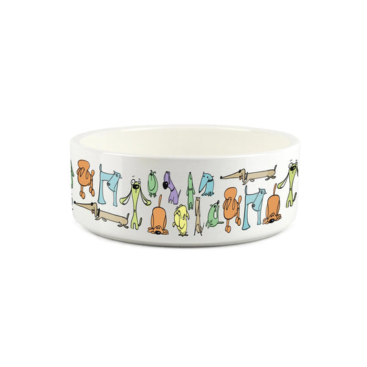 Small ceramic white pet bowl with quirky colourful dog characters printed on.