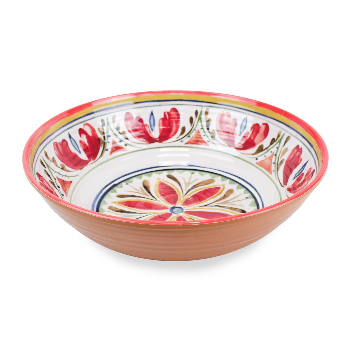 Rustic melamine salad serving bowl with bold Mediterranean patterns. Perfect for serving summer salads, fruits, and desserts