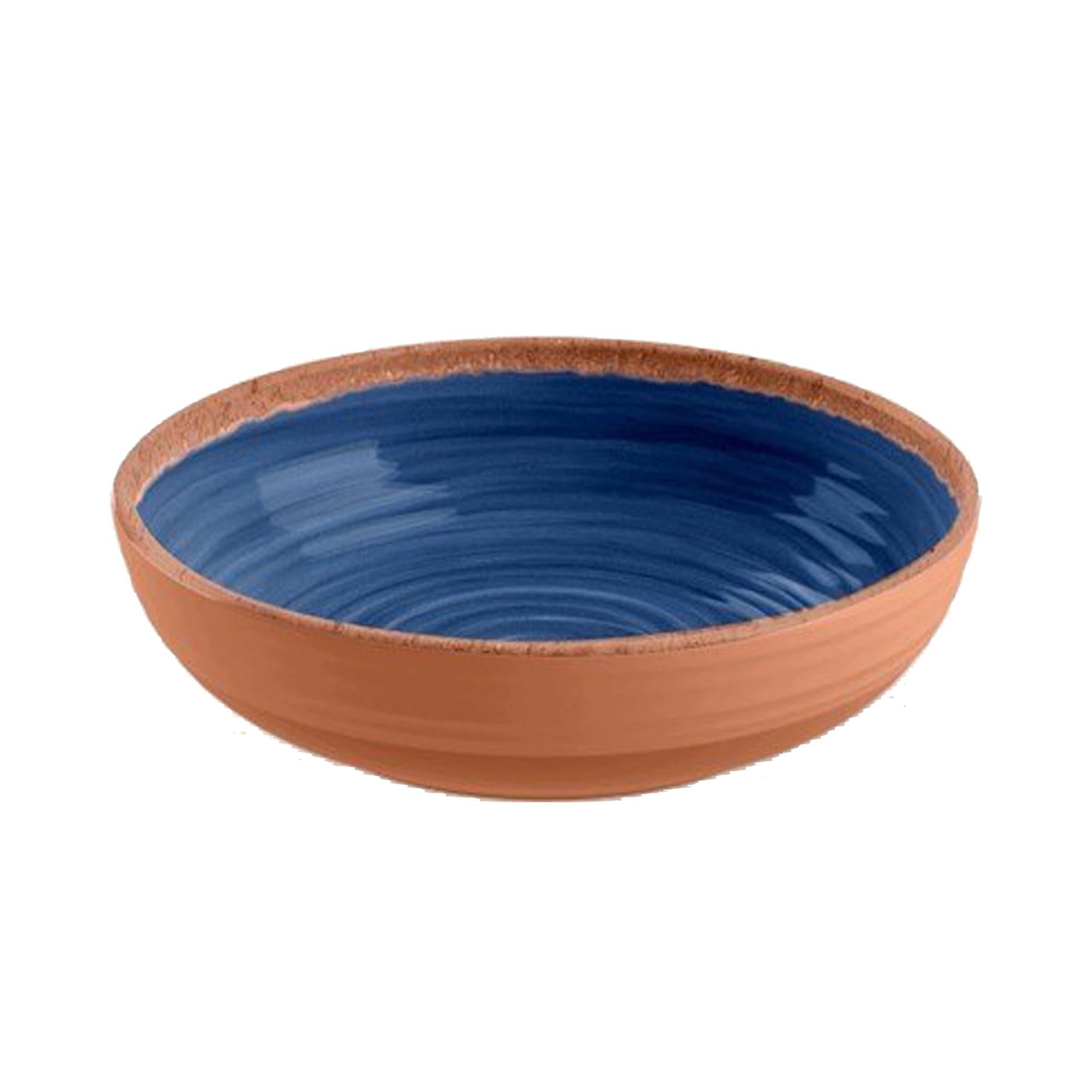 Melamine Low Bowl featuring vibrant indigo swirl design and terracotta exterior and rim