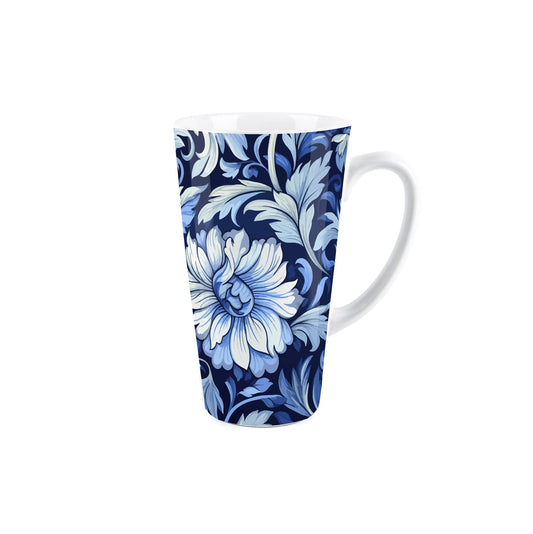 Large white latte mug featuring blue floral design
