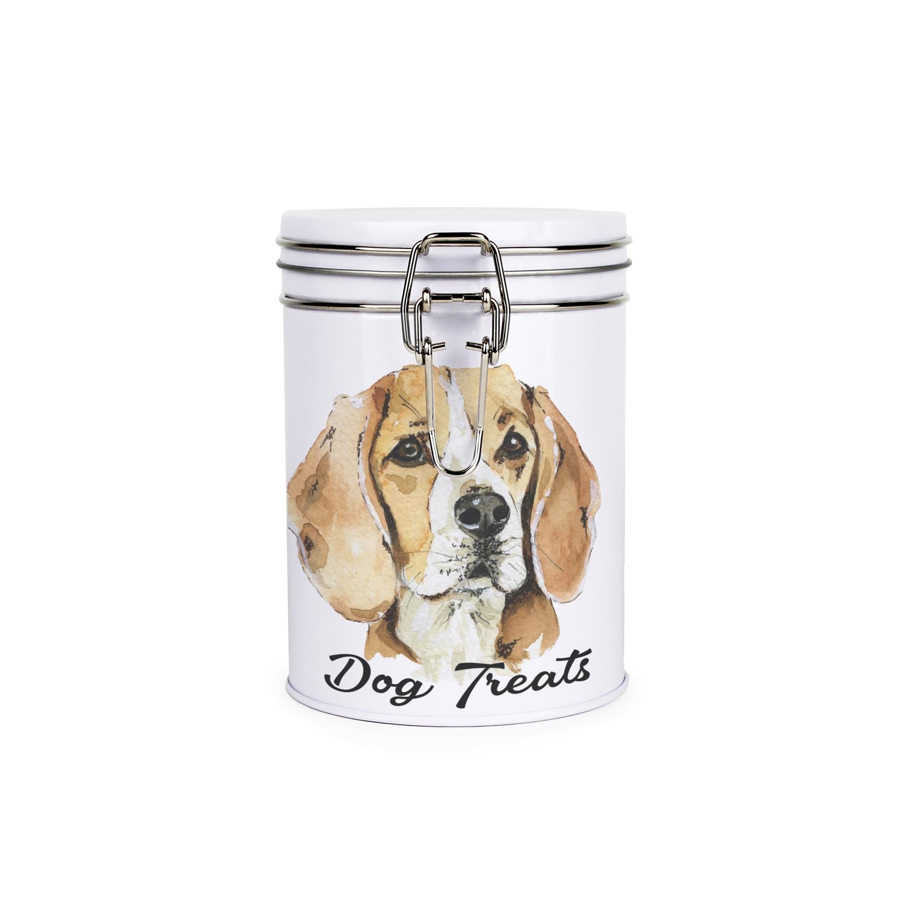 White tinplate canister with metal clip and lid featuring the face of a Beagle with the caption 'Dog Treats'