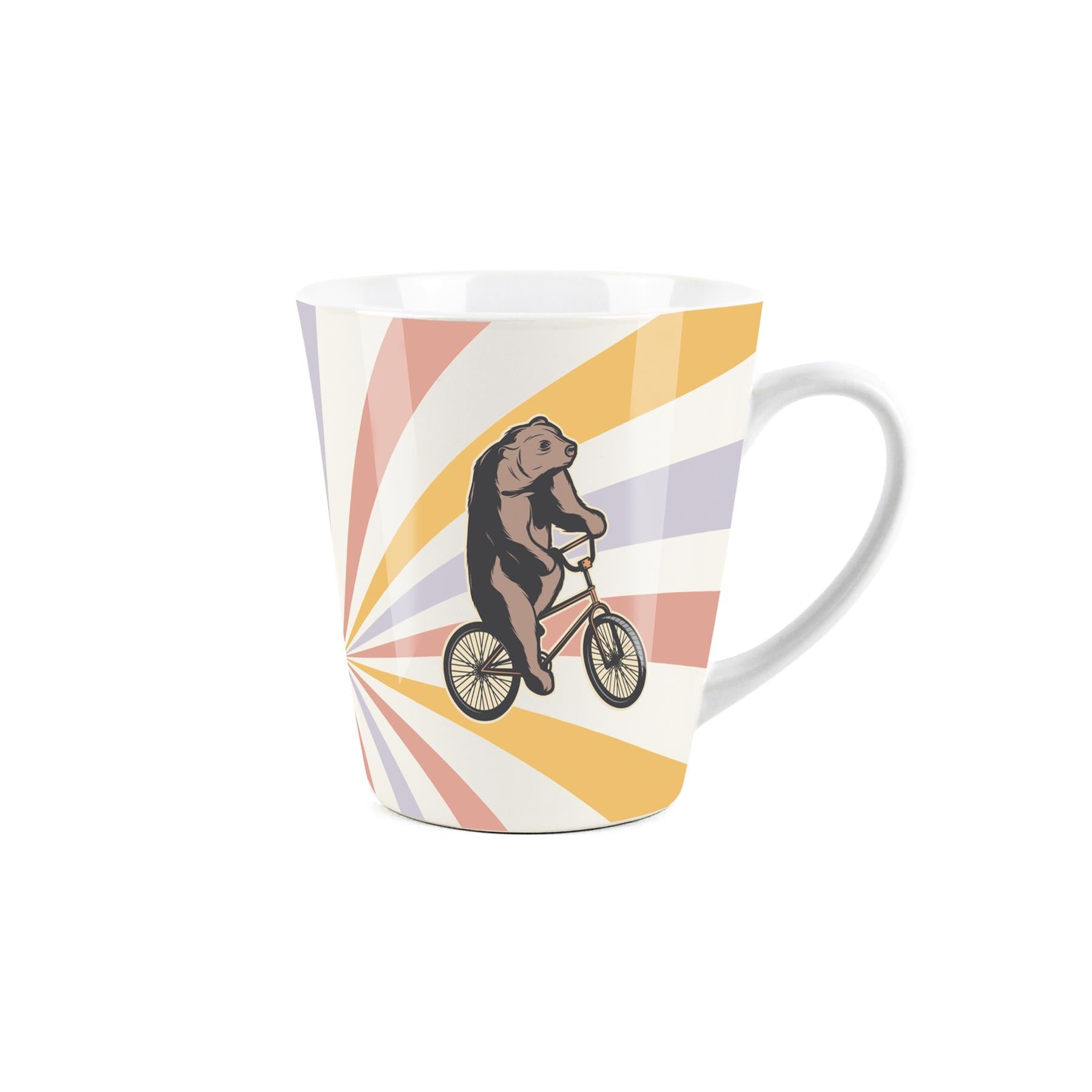 Small white latte mug featuring a vintage circus design