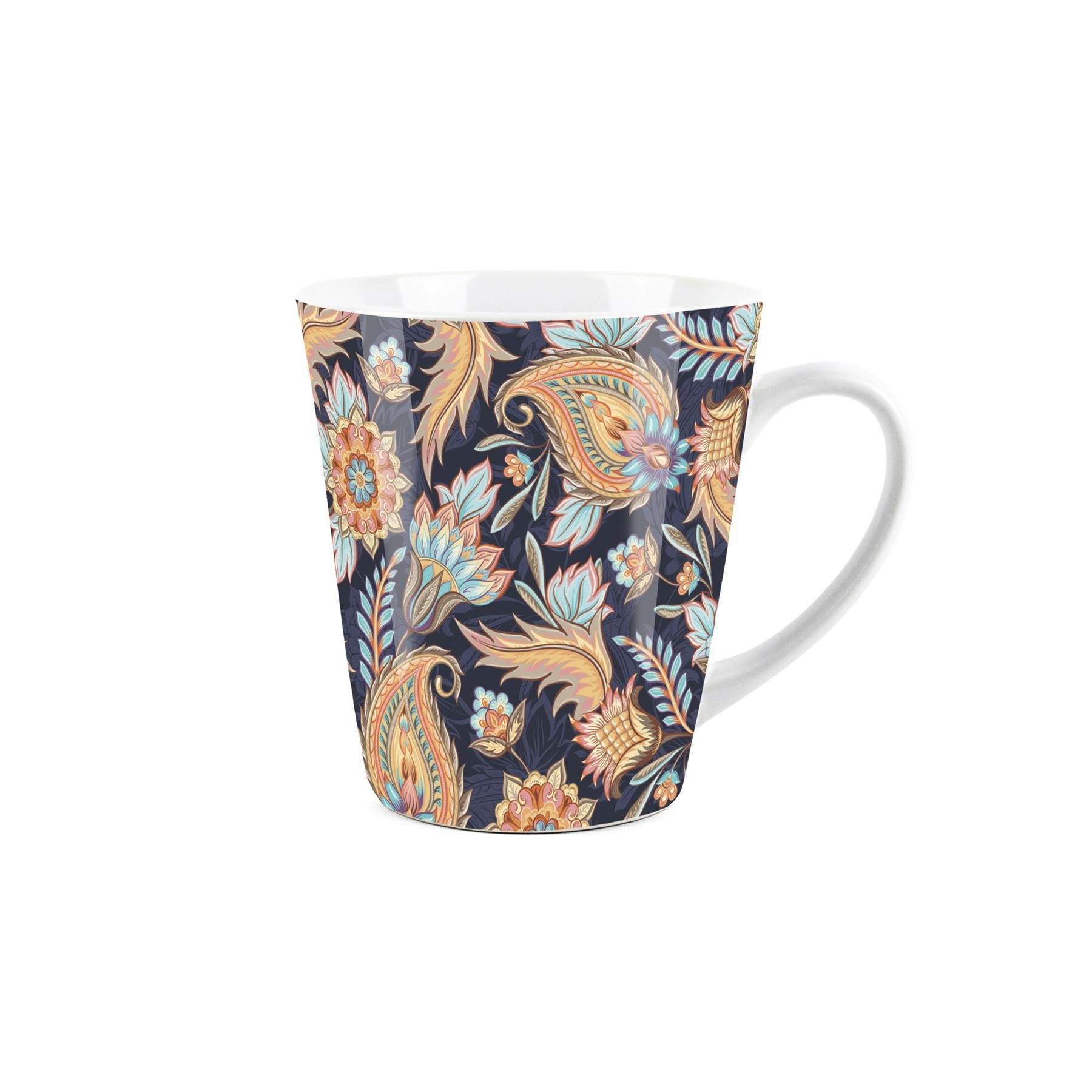Small white latte mug with paisley blue design
