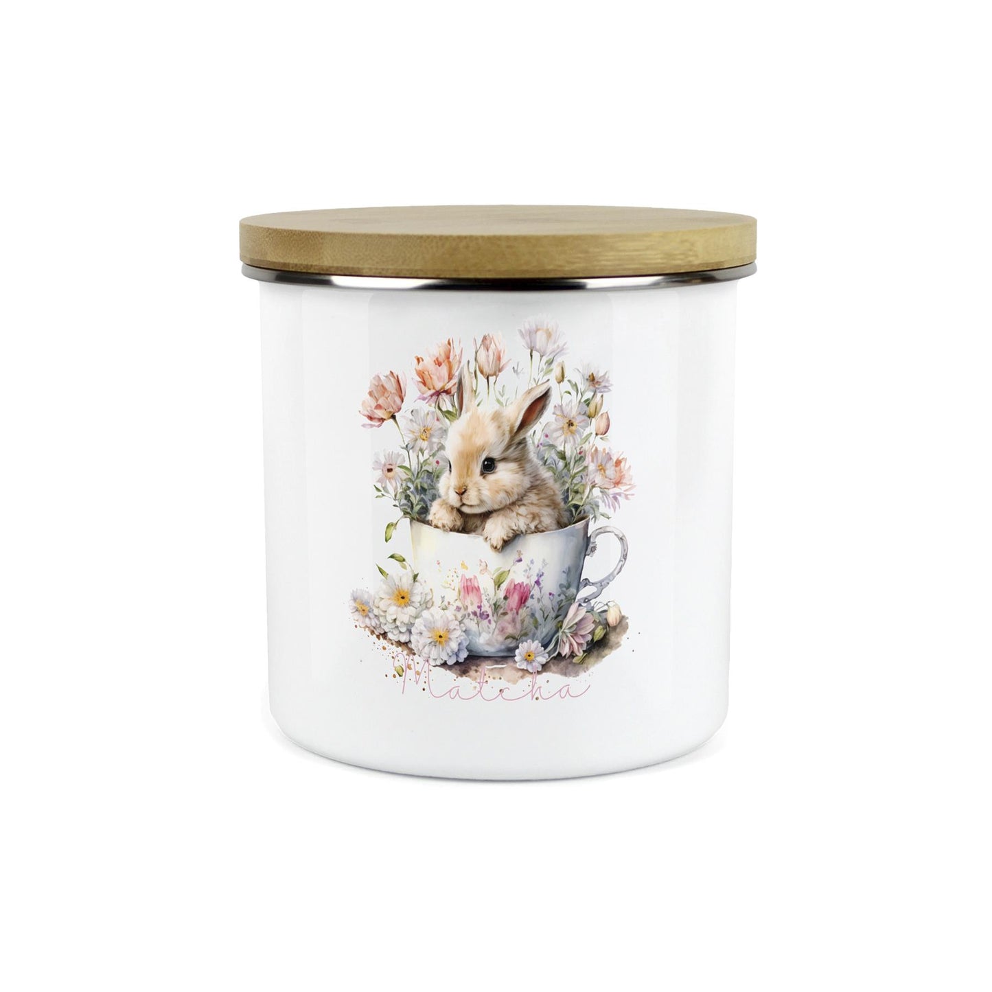 Teacup Bunny Matcha Tea Canister - Enamel Kitchen Hot Drinks Storage Container