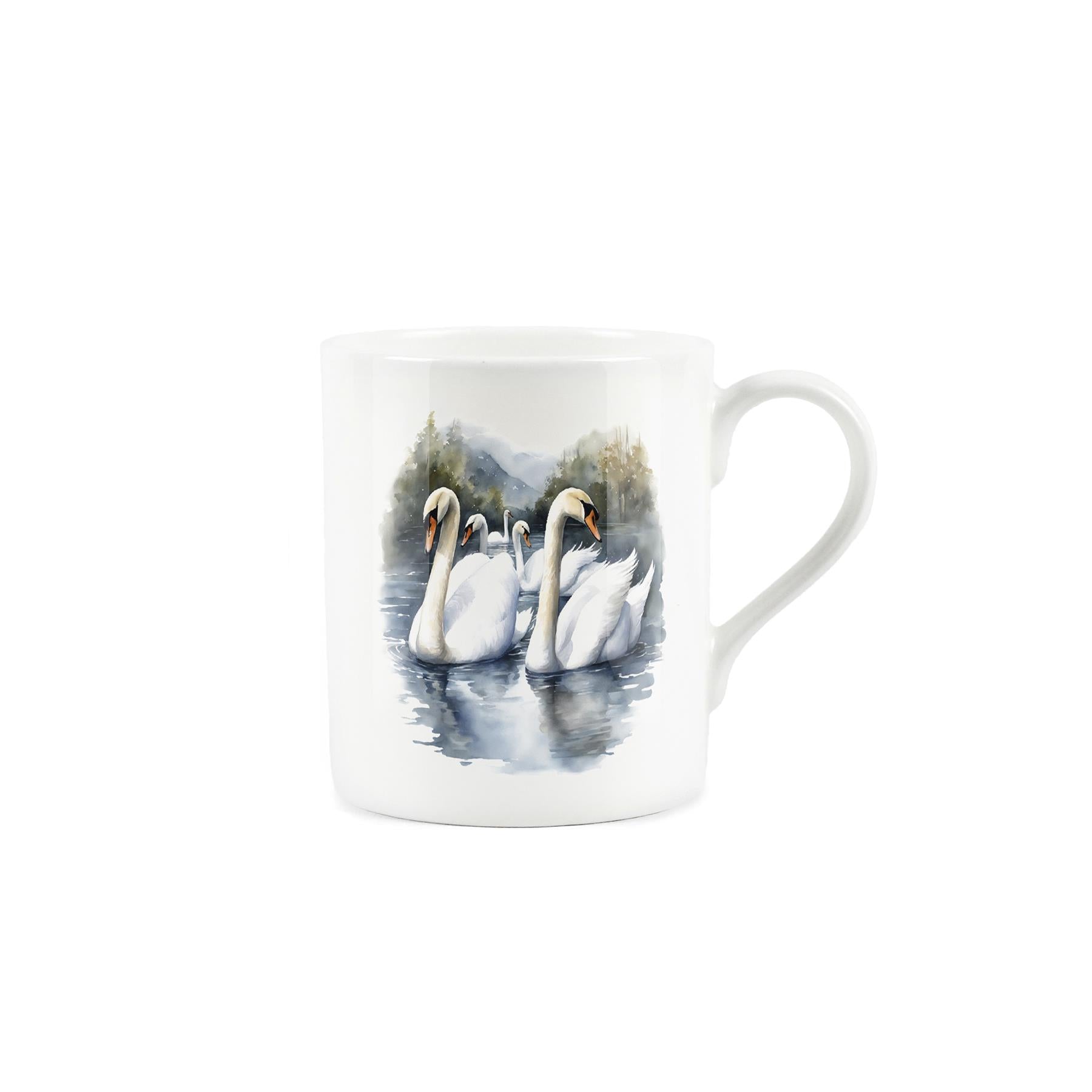 Painted depiction of 6 geese swimming on a lake on a white bone china mug