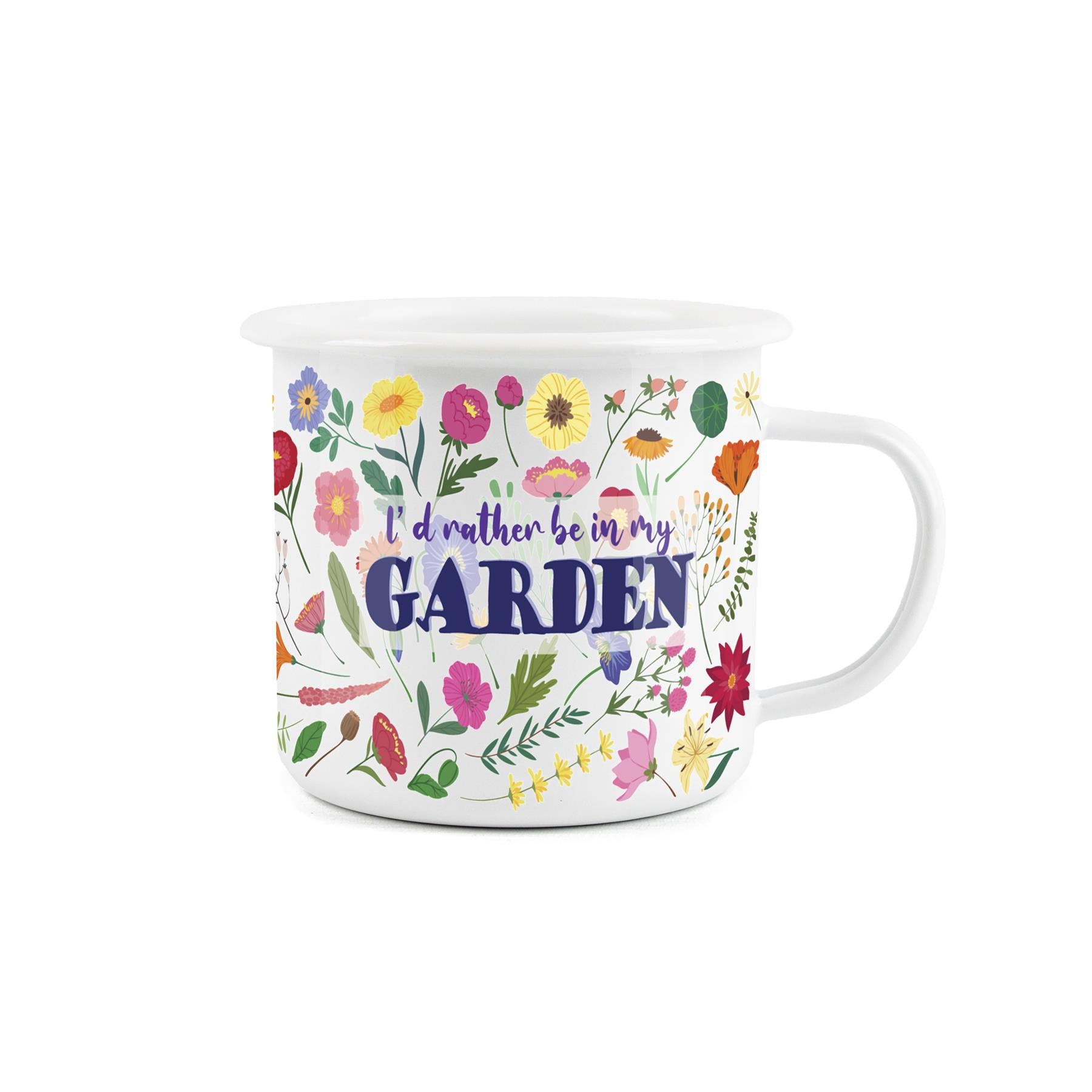 Enamel mug featuring a campervan with text "I'd Rather Be In My Garden", ideal for gardening lovers.