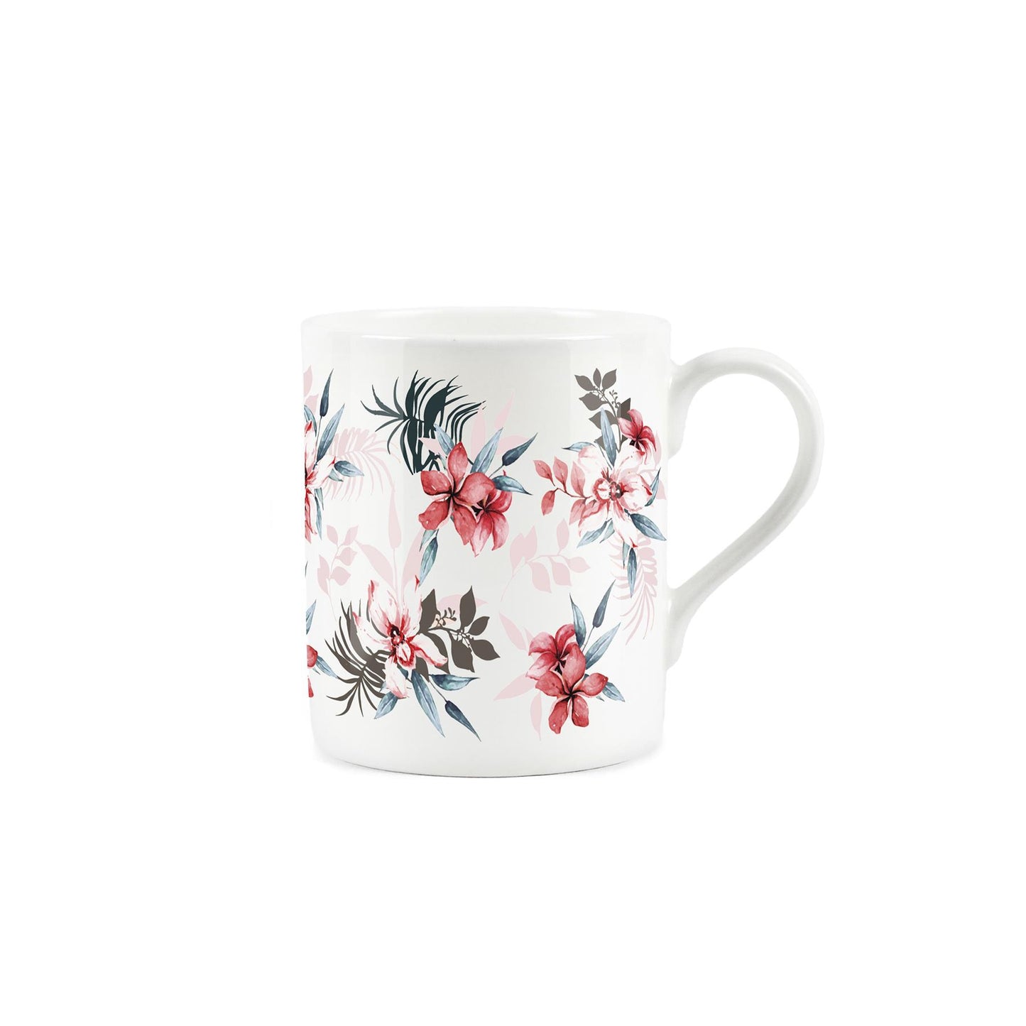 White bone china mug featuring pin plumeria watercolour