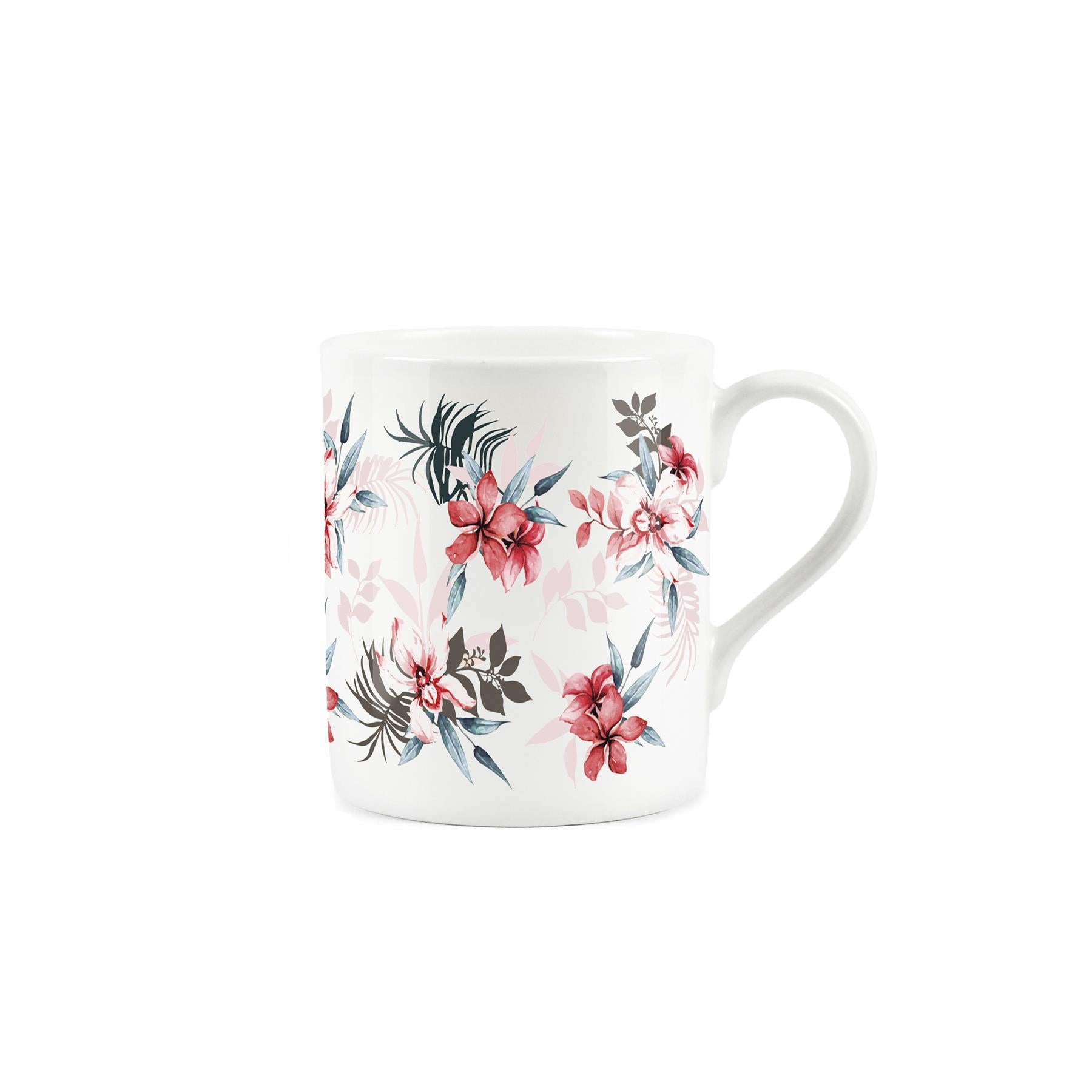 White bone china mug featuring pin plumeria watercolour