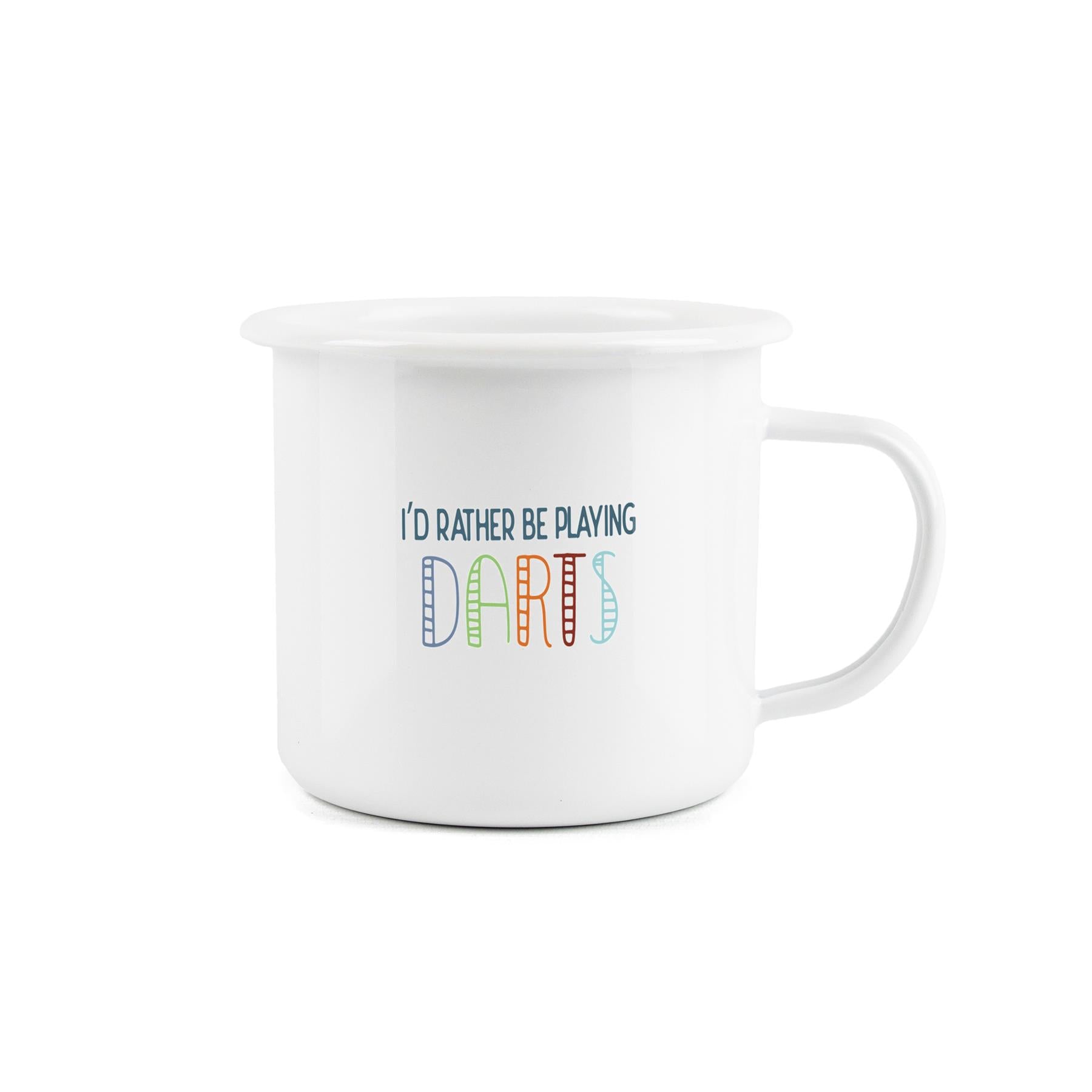 Fun novelty mug expressing a desire to play darts, perfect for outdoor activities.