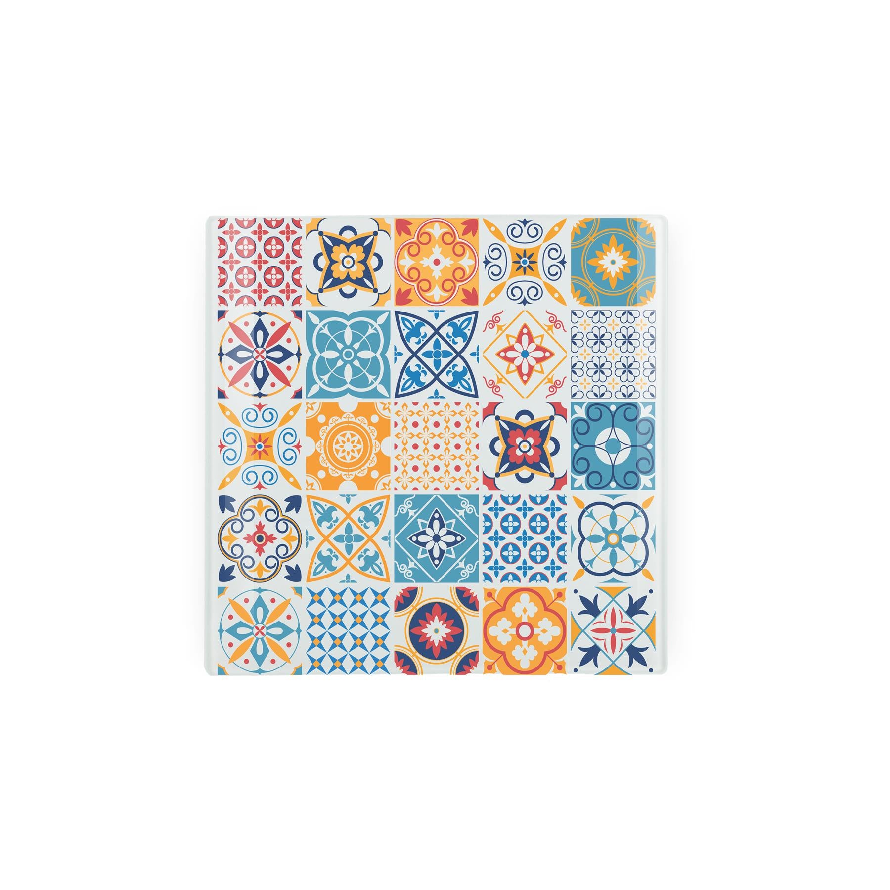 Mini glass worktop protector with mosaic tile design.