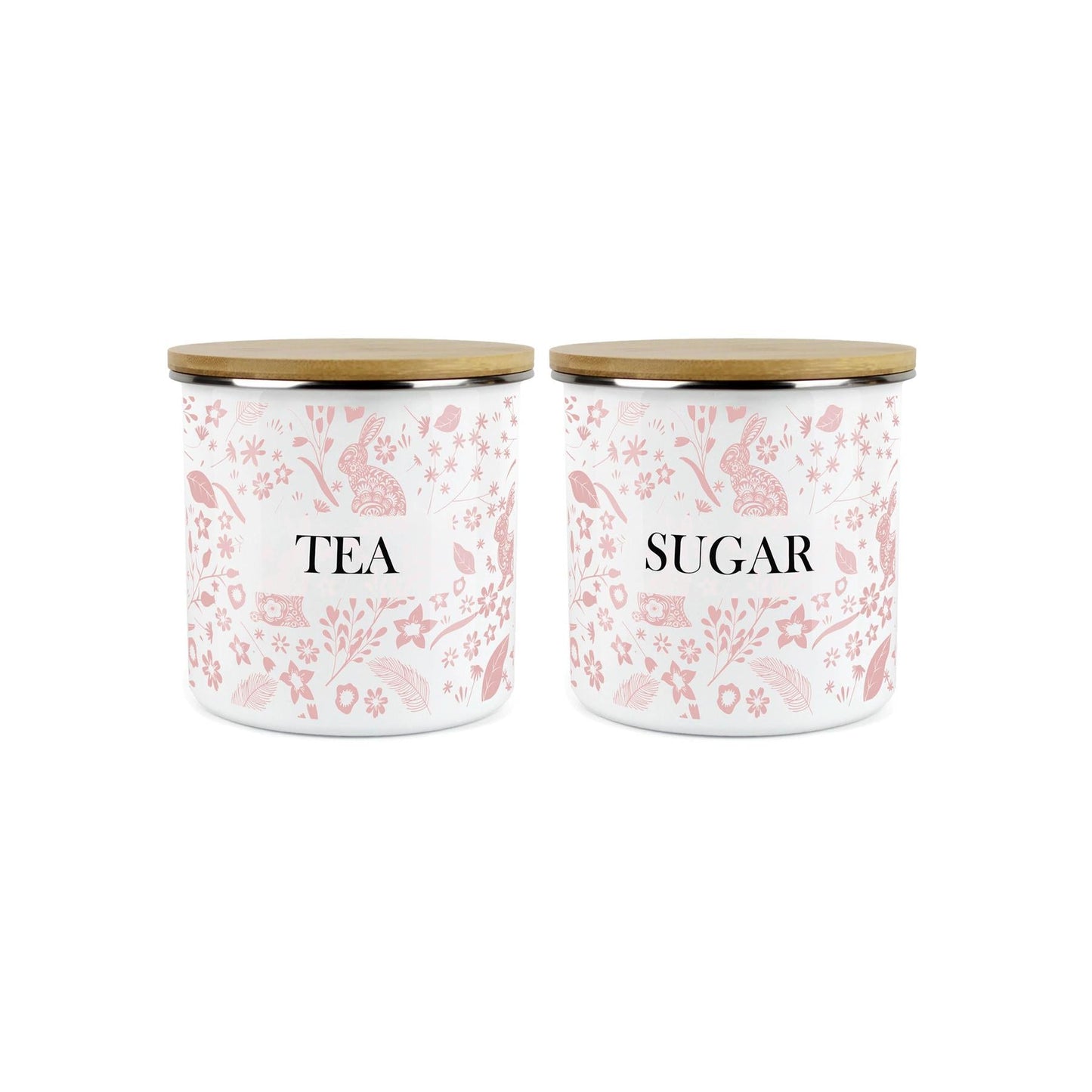 Wild Rabbits Tea & Sugar Enamel Jar Storage Canister Set - Pink