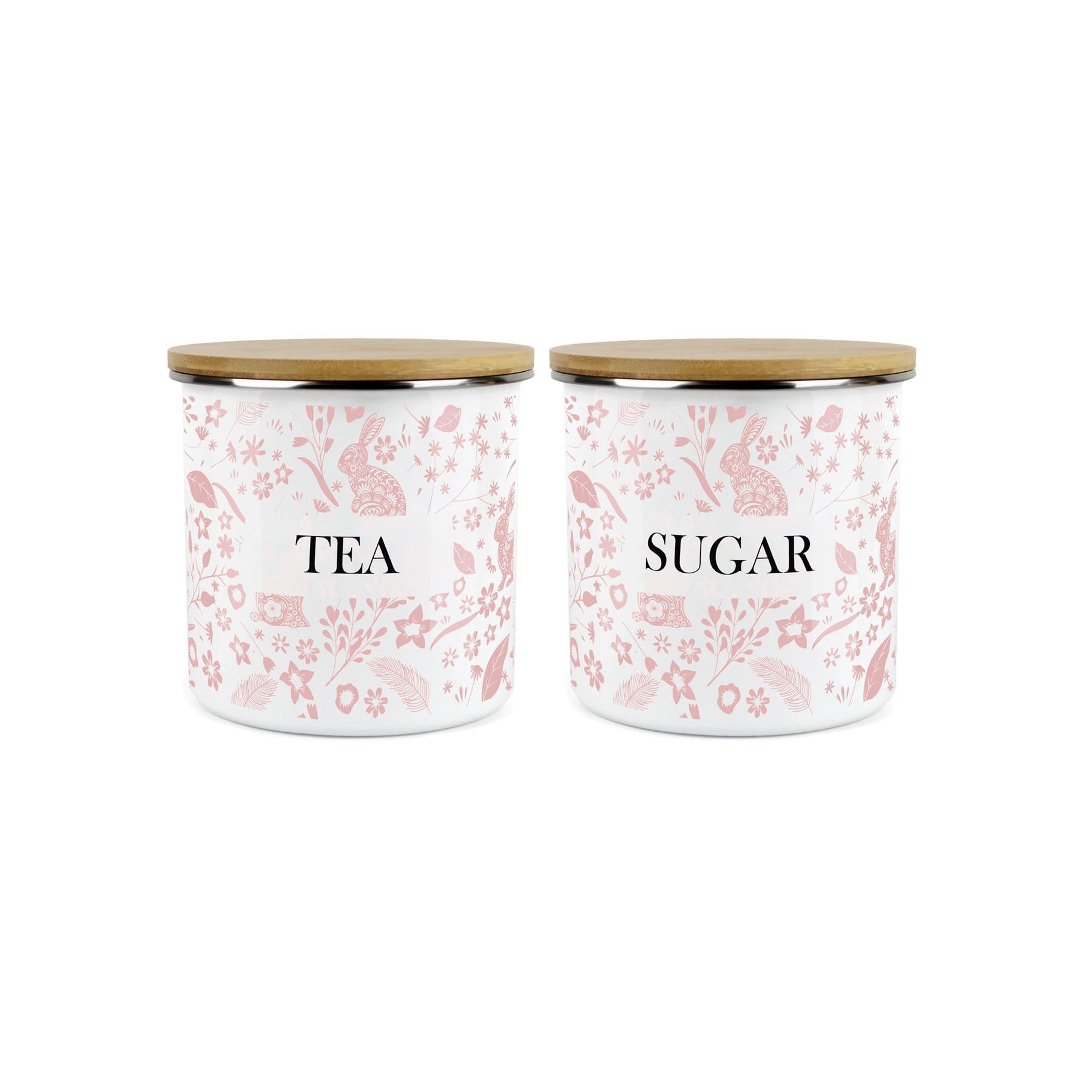 Wild Rabbits Tea & Sugar Enamel Jar Storage Canister Set - Pink
