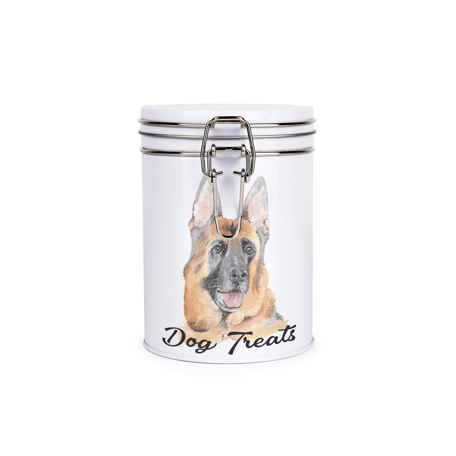White tinplate canister with metal clip and lid featuring the face of a German Shepherd with the caption 'Dog Treats'