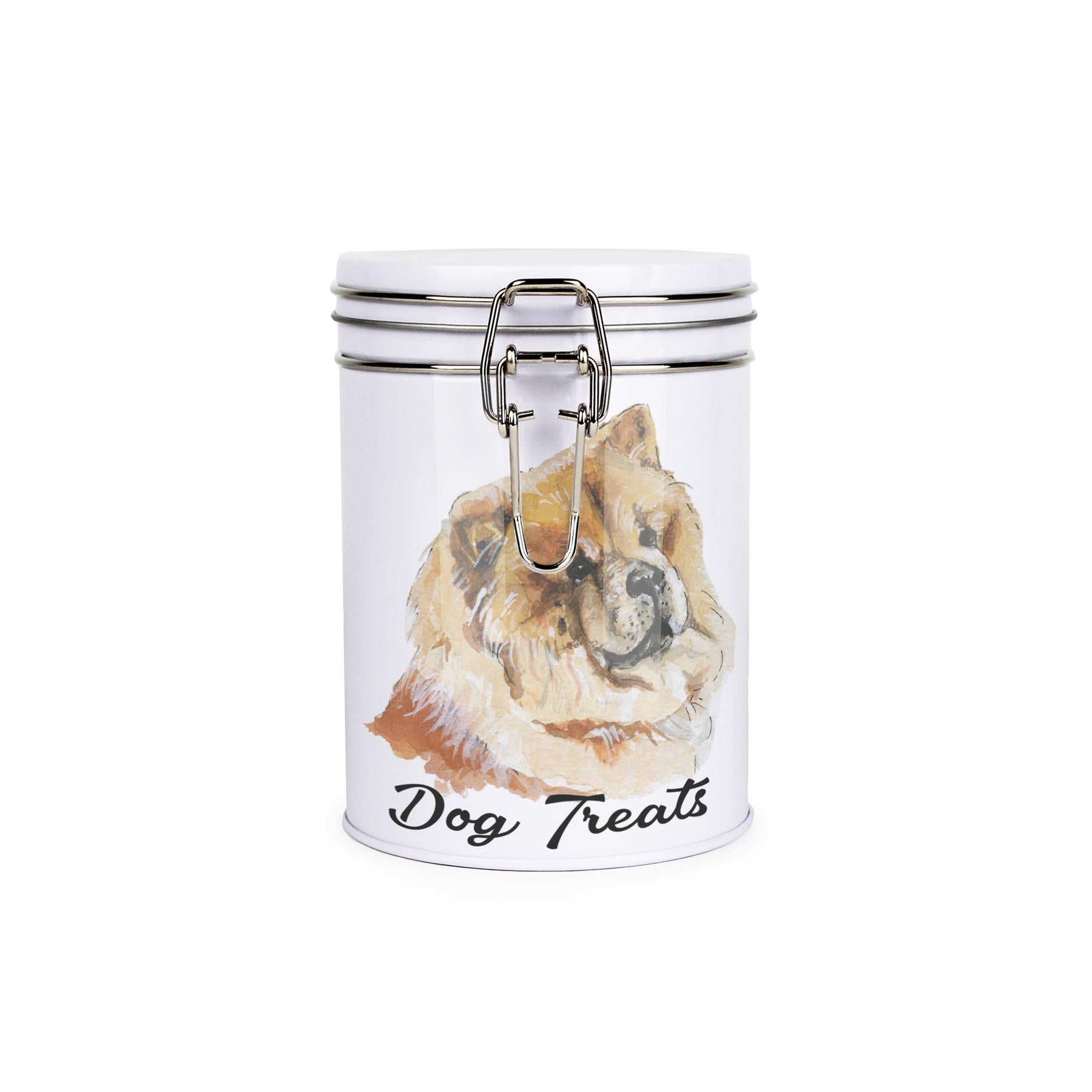 White tinplate canister with metal clip and lid featuring the face of a Chow Chow with the caption 'Dog Treats'