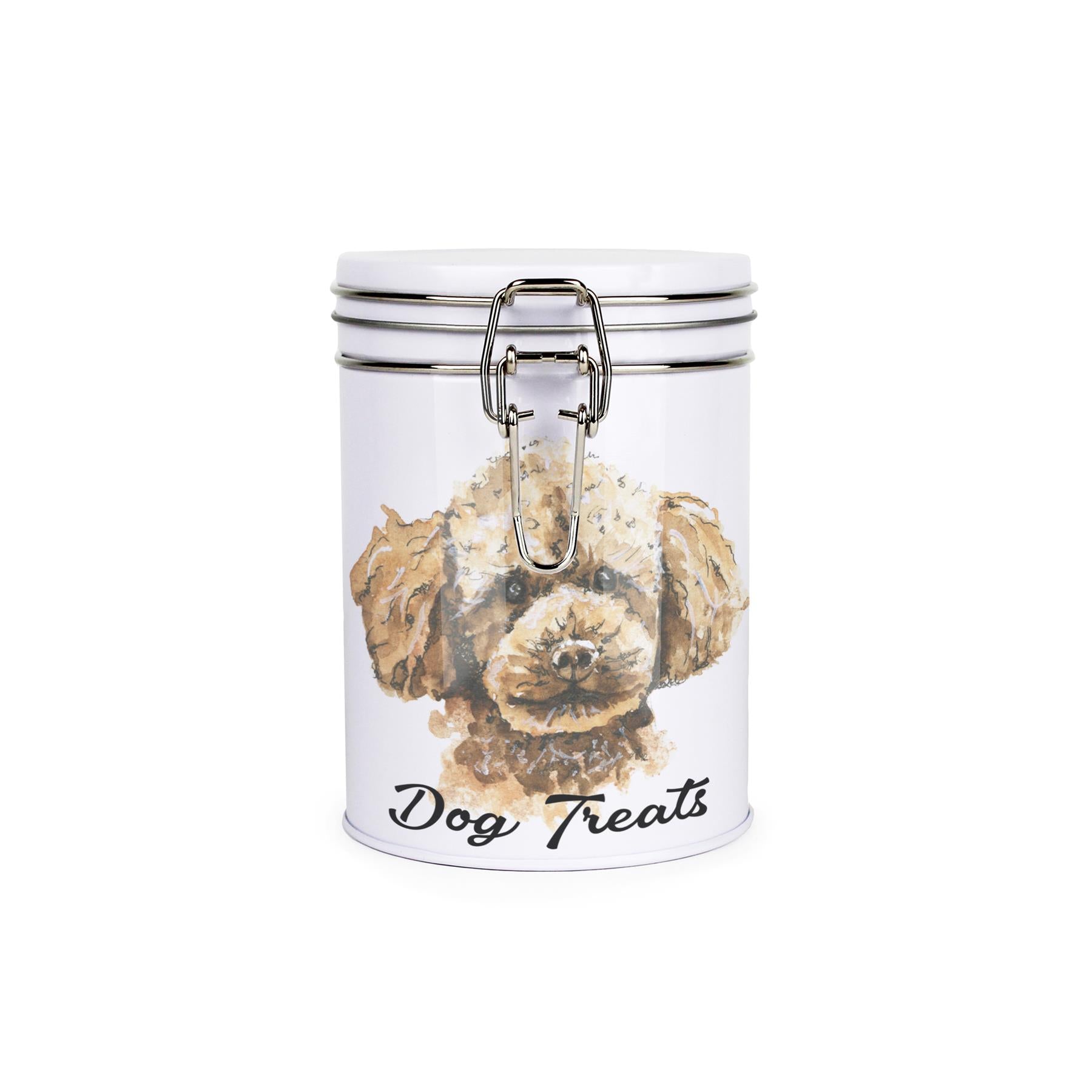 White tinplate canister with metal clip and lid featuring the face of a Miniature Poodle with the caption 'Dog Treats'