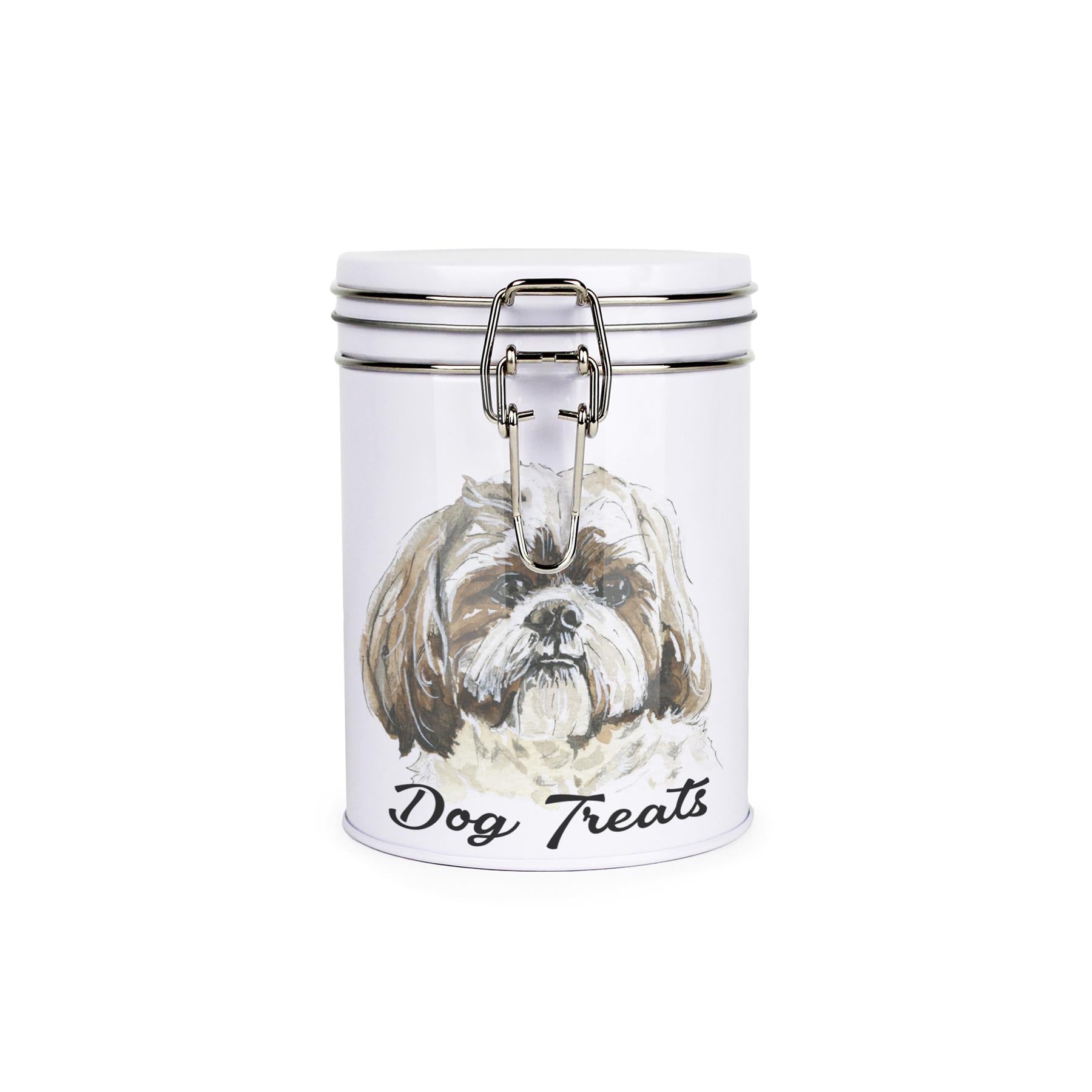 White tinplate canister with metal clip and lid featuring the face of a Shih Tzu with the caption 'Dog Treats'