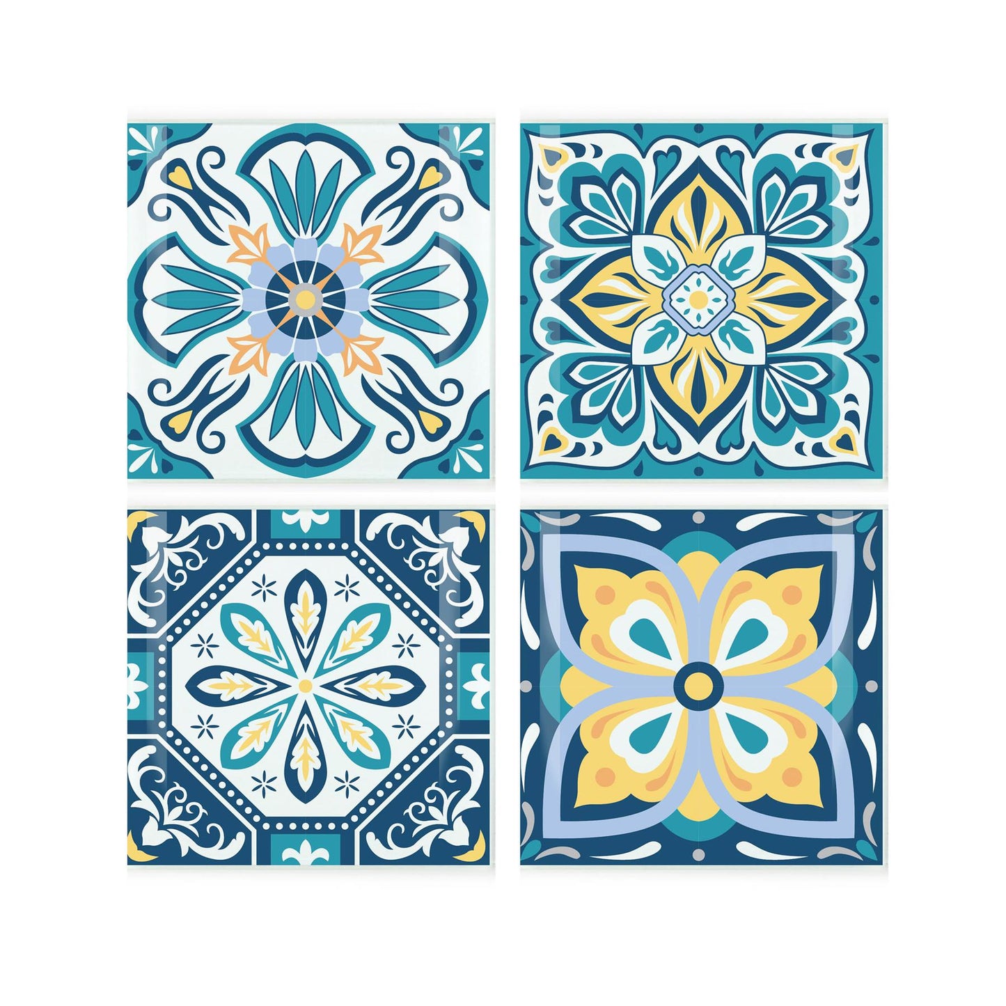 Set of four square tempered glass coasters sporting unique blue and yellow greek-tile inspired designs