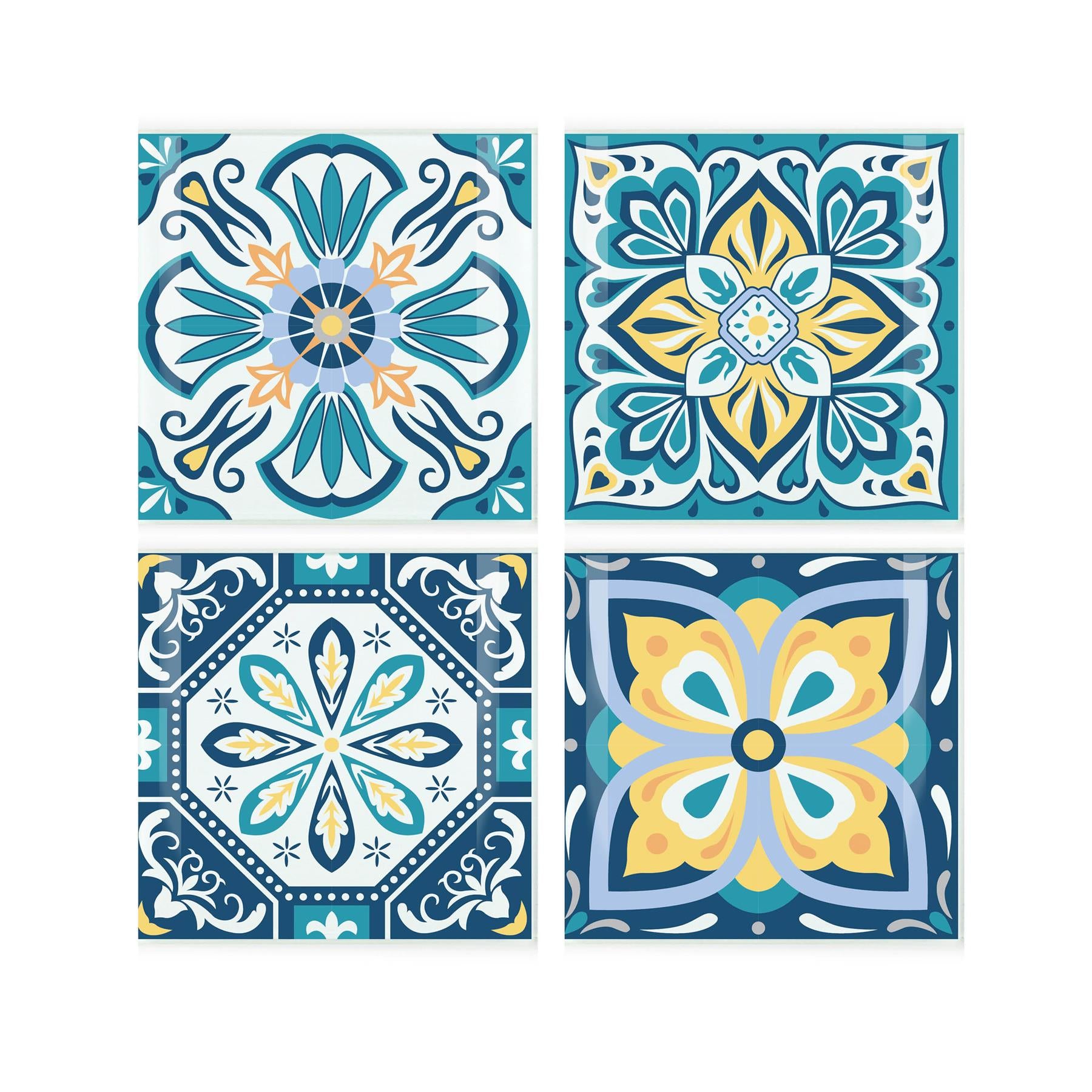 Set of four square tempered glass coasters sporting unique blue and yellow greek-tile inspired designs