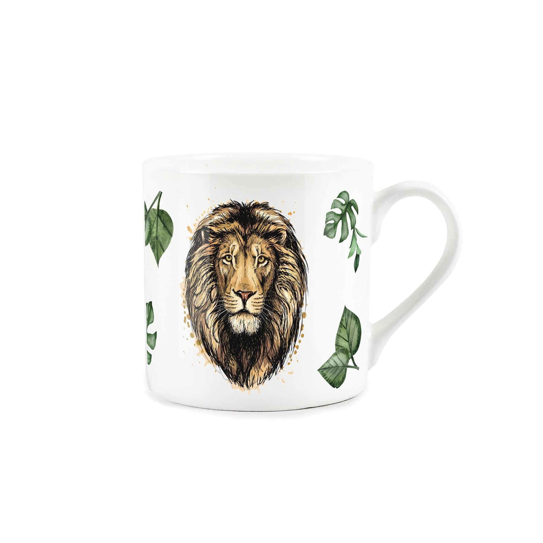 White bone china mug featuring painted lion and leaves design