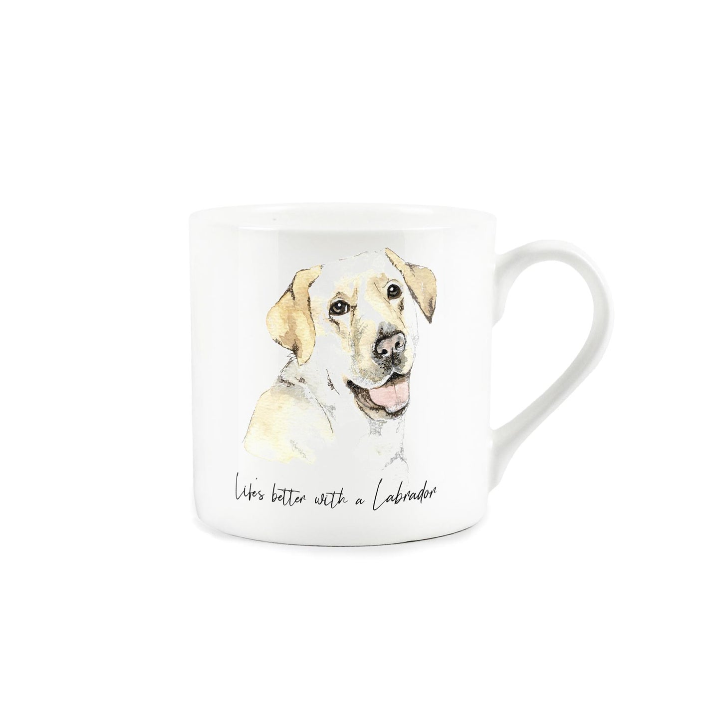 Bone china mug featuring watercolour artwork of a labrador and 'life's better with a labrador' text