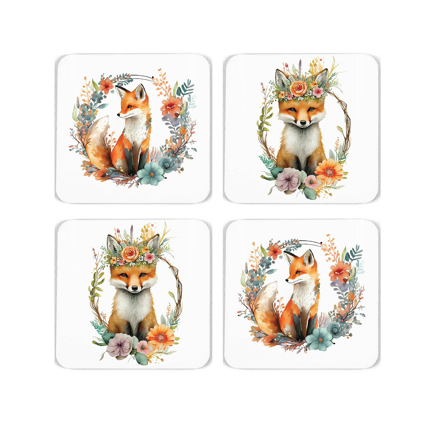 Four coasters featuring painted floral fox design