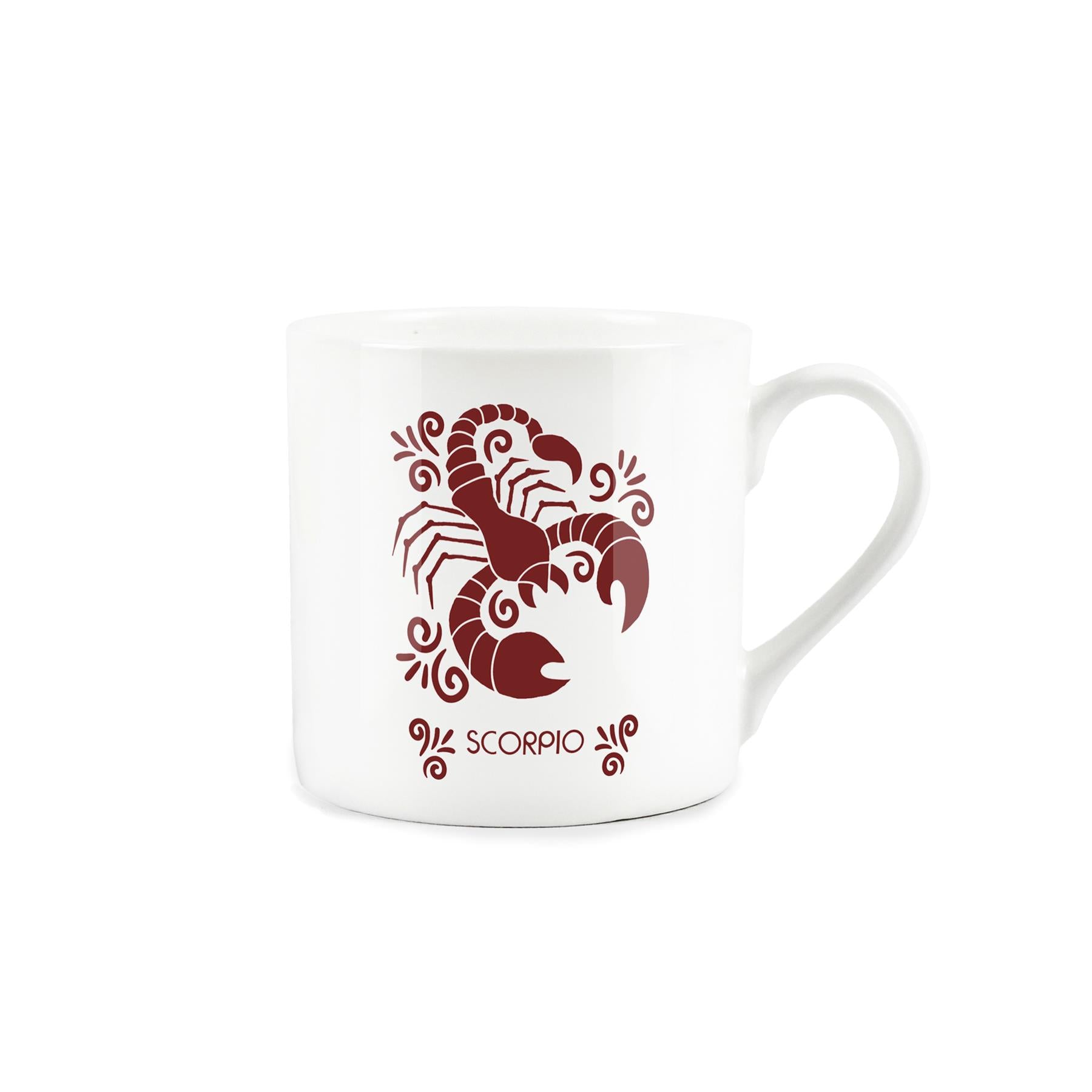 White coffee mug with burgundy scorpion logo