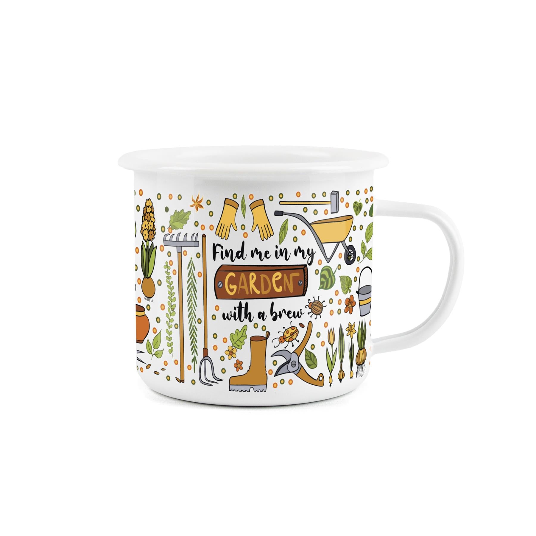 Vibrant gardening-themed mug for outdoor activities with a colorful gardening background and text, "Find Me In My Garden With A Brew".