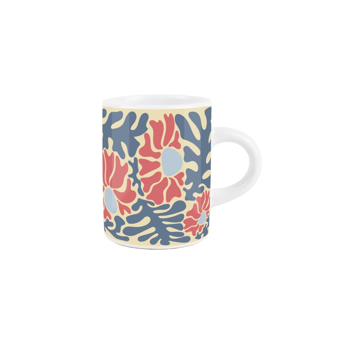 Small ceramic espresso mug adorned with a lovely blue and coral floral design, adding elegance to your morning coffee. 75ml capacity, dishwasher safe.