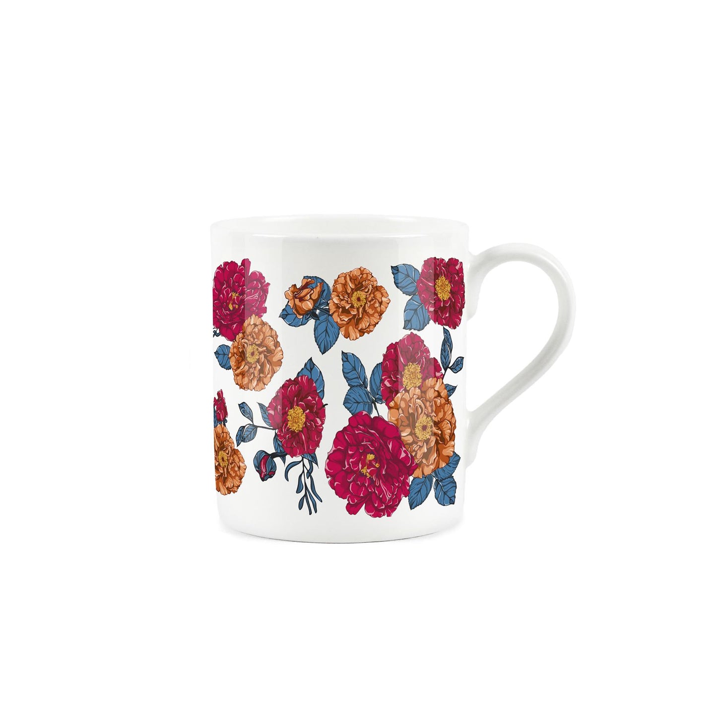 White bone china mug featuring painted orange and red roses.