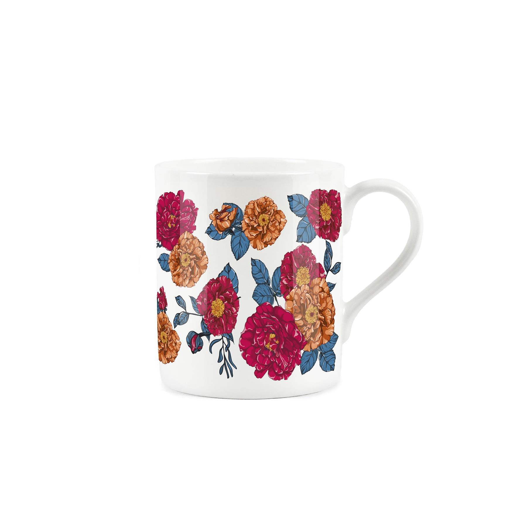 White bone china mug featuring painted orange and red roses.
