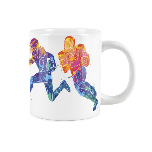 White ceramic jumbo mug featuring vibrant, paint-splattered depiction of people american football 13.49