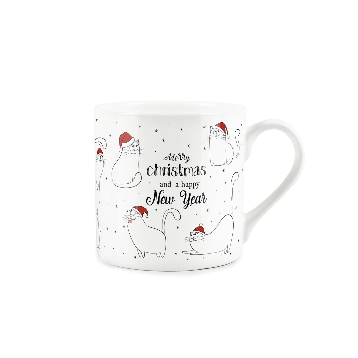 Set of 2 white bone china mugs featuring christmas themed cat design