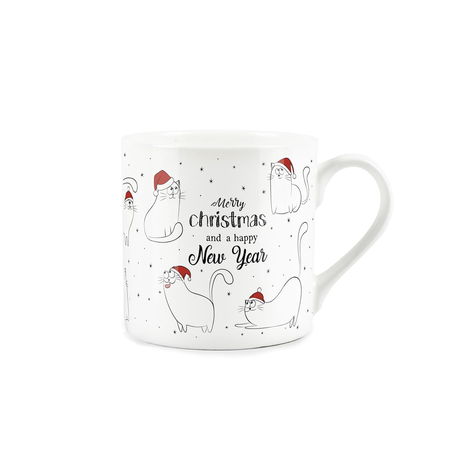 Set of 2 white bone china mugs featuring christmas themed cat design