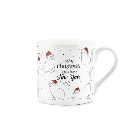 Set of 2 white bone china mugs featuring christmas themed cat design