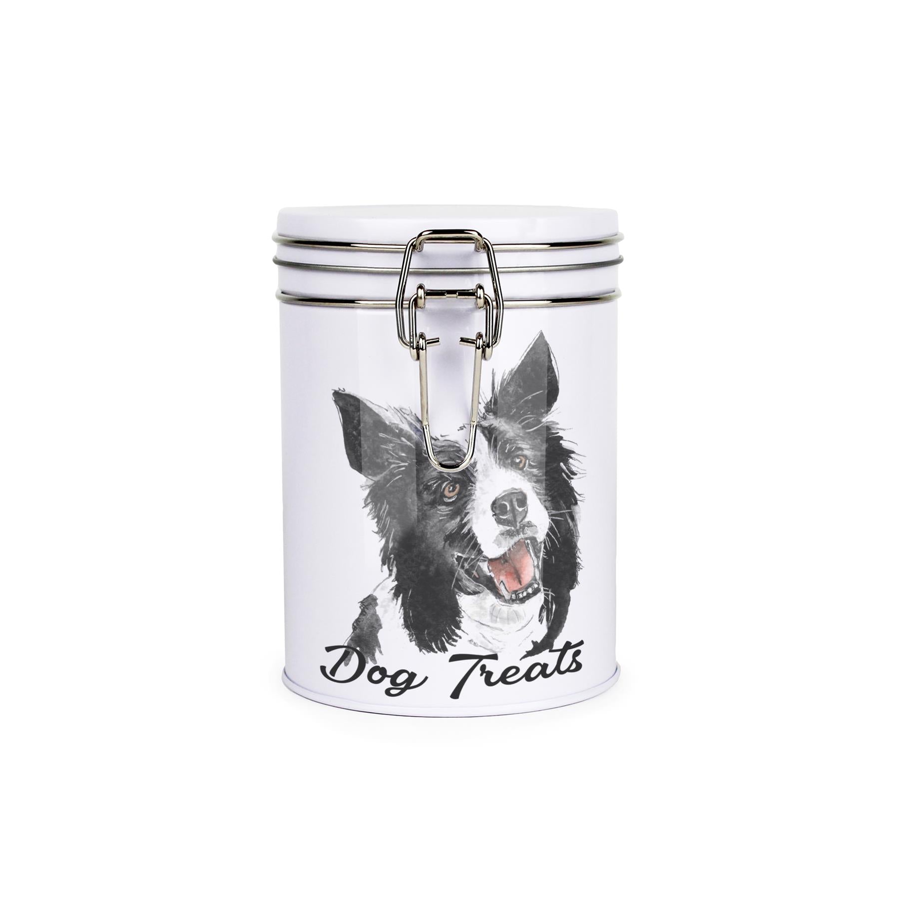 White tinplate canister with metal clip and lid featuring the face of a Border Collie with the caption 'Dog Treats'