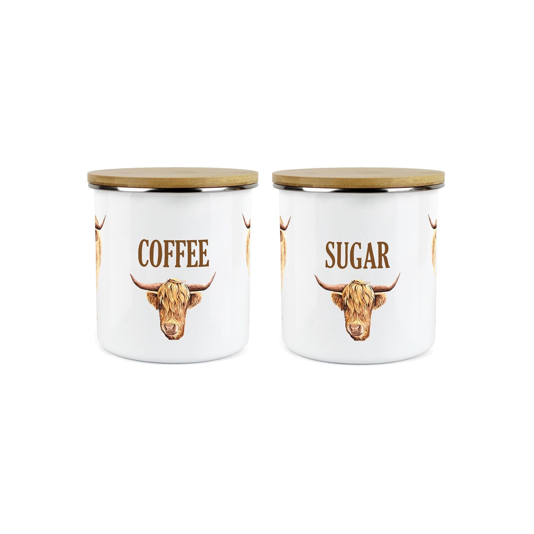 Coffee & Sugar Highland Cow Storage Canisters - 2x Enamel Kitchen Storage Jar