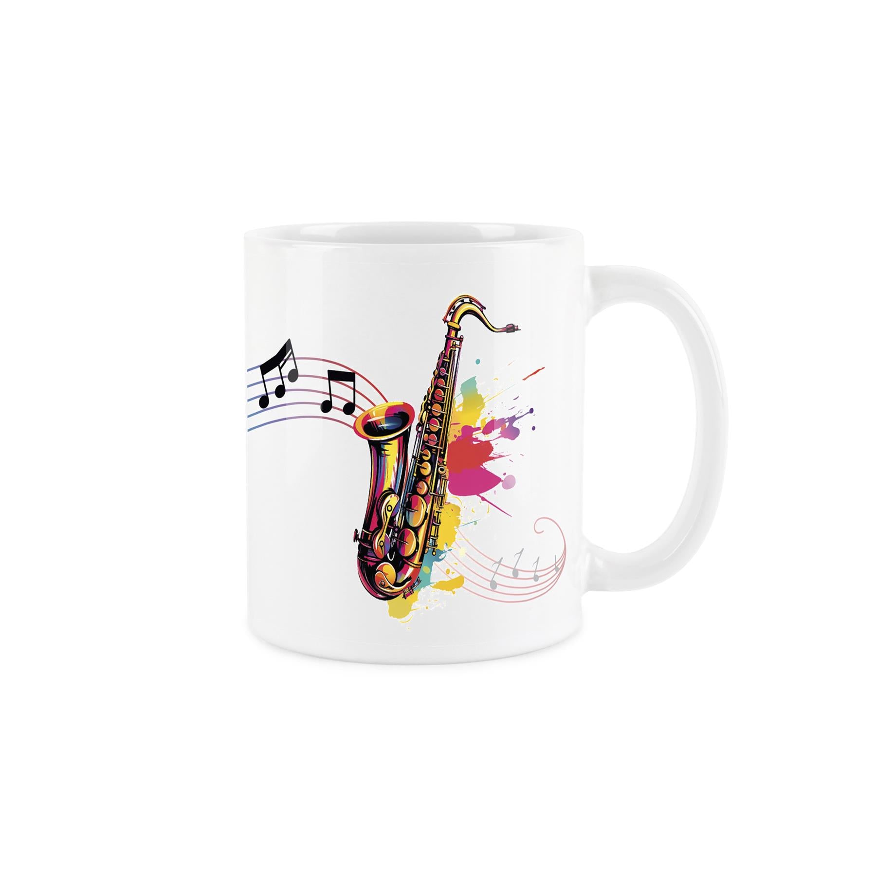 Illustrative rainbow colour design of trumpet on a ceramic mug