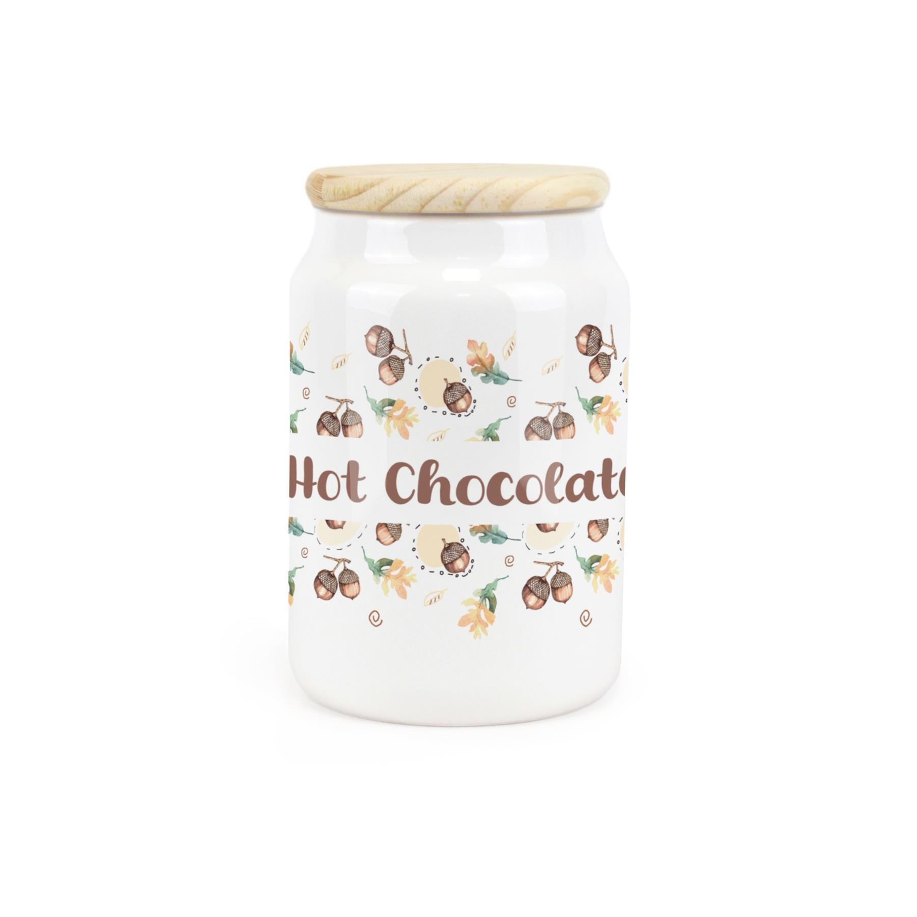 White ceramic canister with a retro 1950s print featuring a hot chocolate design.