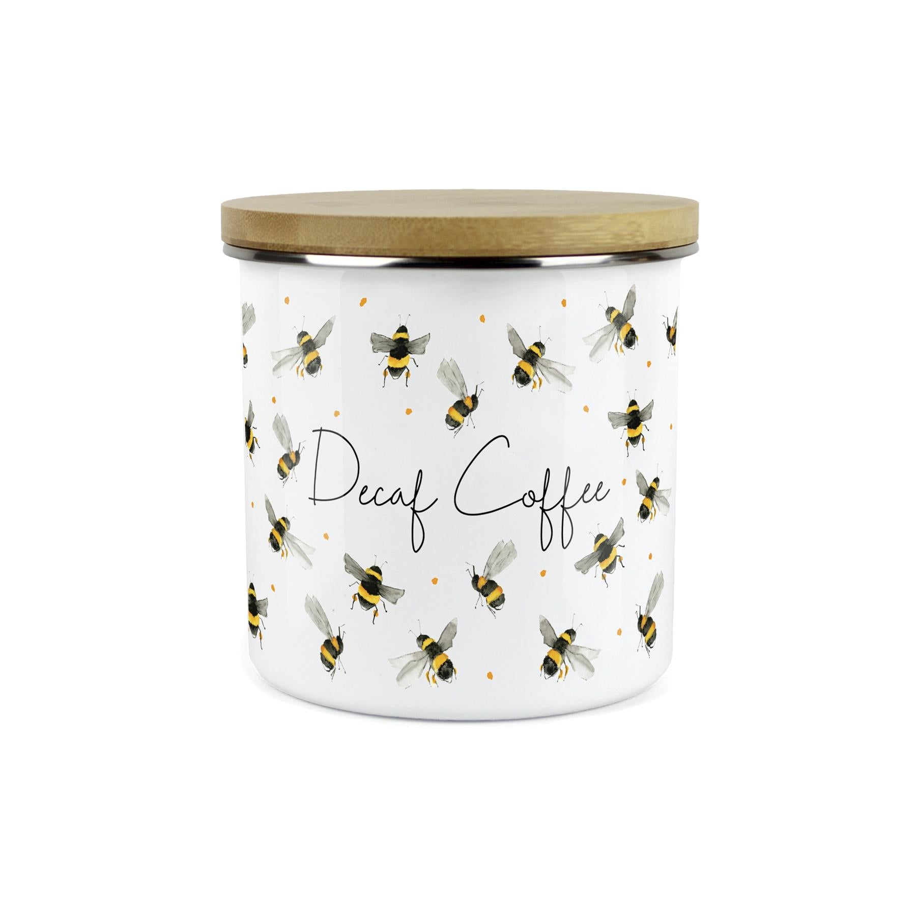 Decaf Coffee Canister - Watercolour Bees Kitchen Airtight Enamel Storage Jar