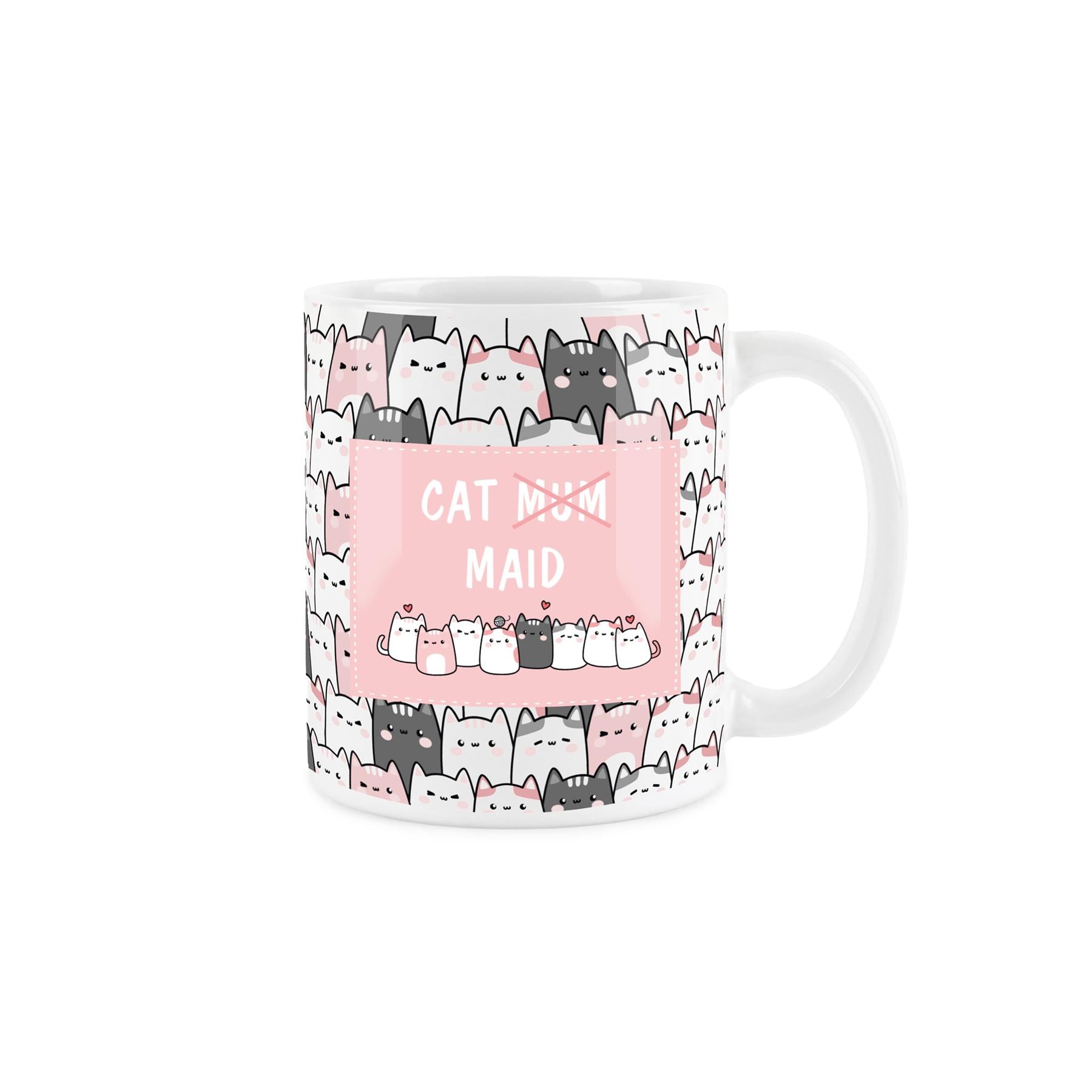 Cat owner's mug: comical pink design, dishwasher-safe ceramic. Ideal for cat lovers.