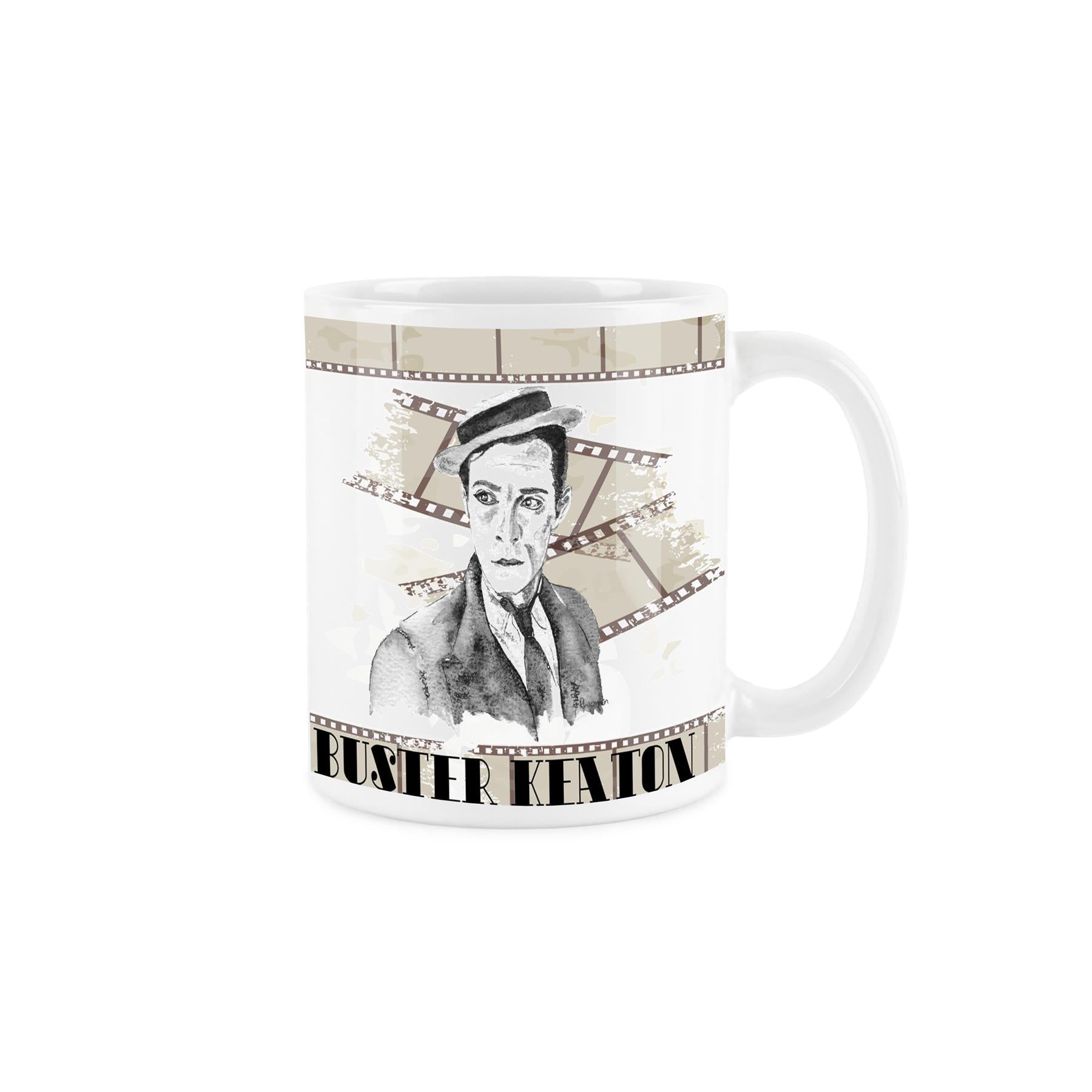 White ceramic mug featuring watercolour depiction of buster Keaton on a background of tea coloured film reels