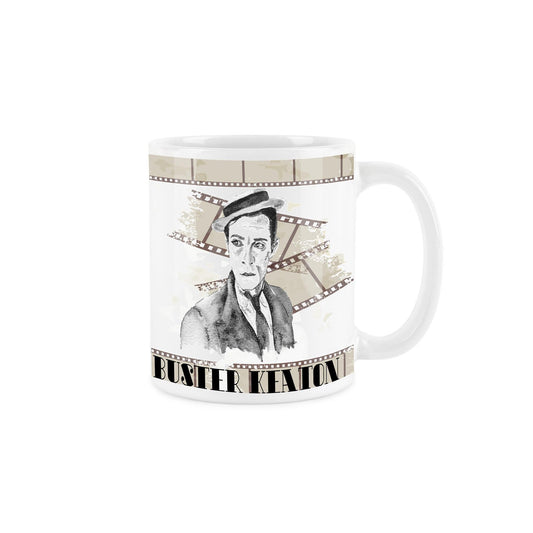 White ceramic mug featuring watercolour depiction of buster Keaton on a background of tea coloured film reels