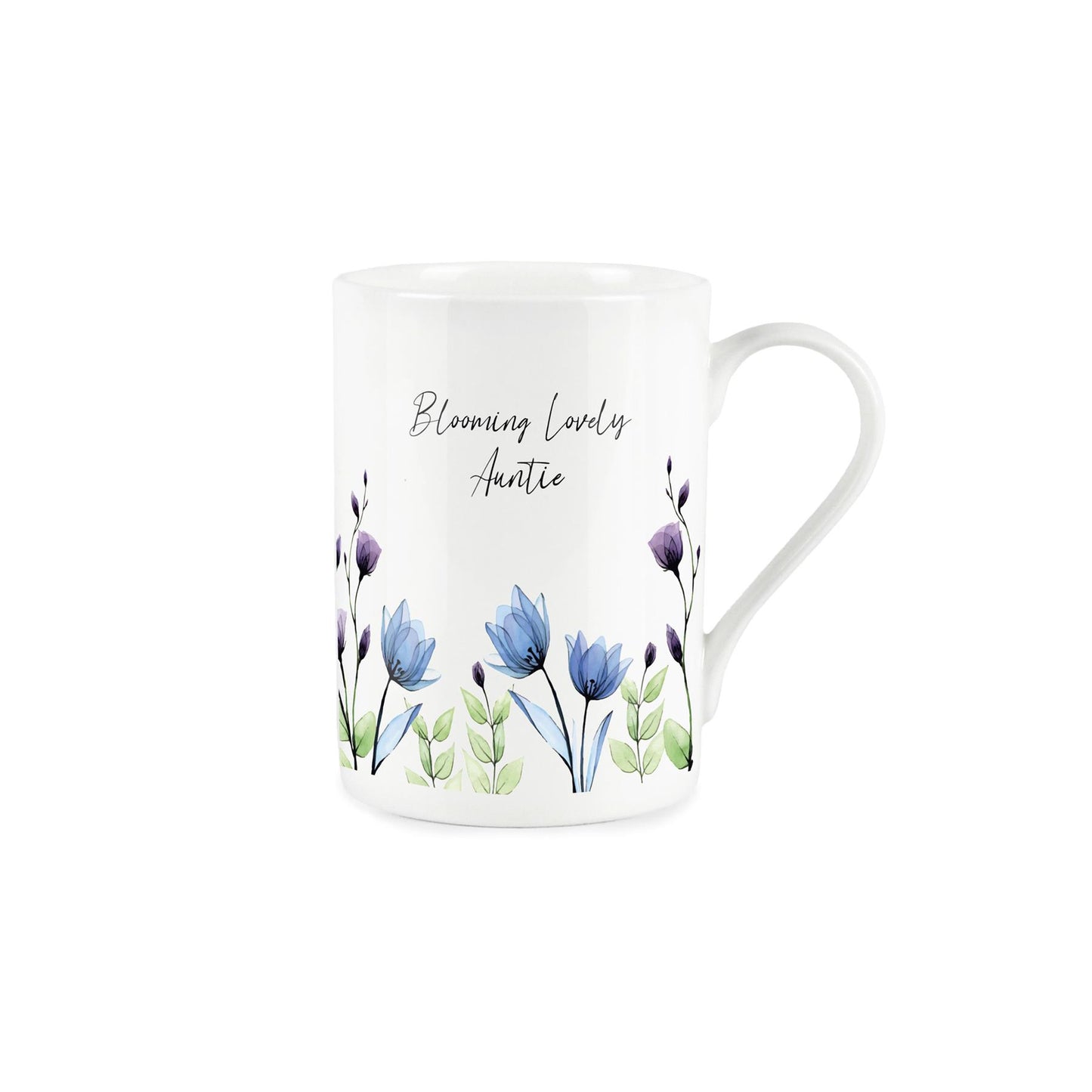 "Blooming Lovely auntie" written in cursive text about delicate painted blue and purple flowers on a white bone china mug