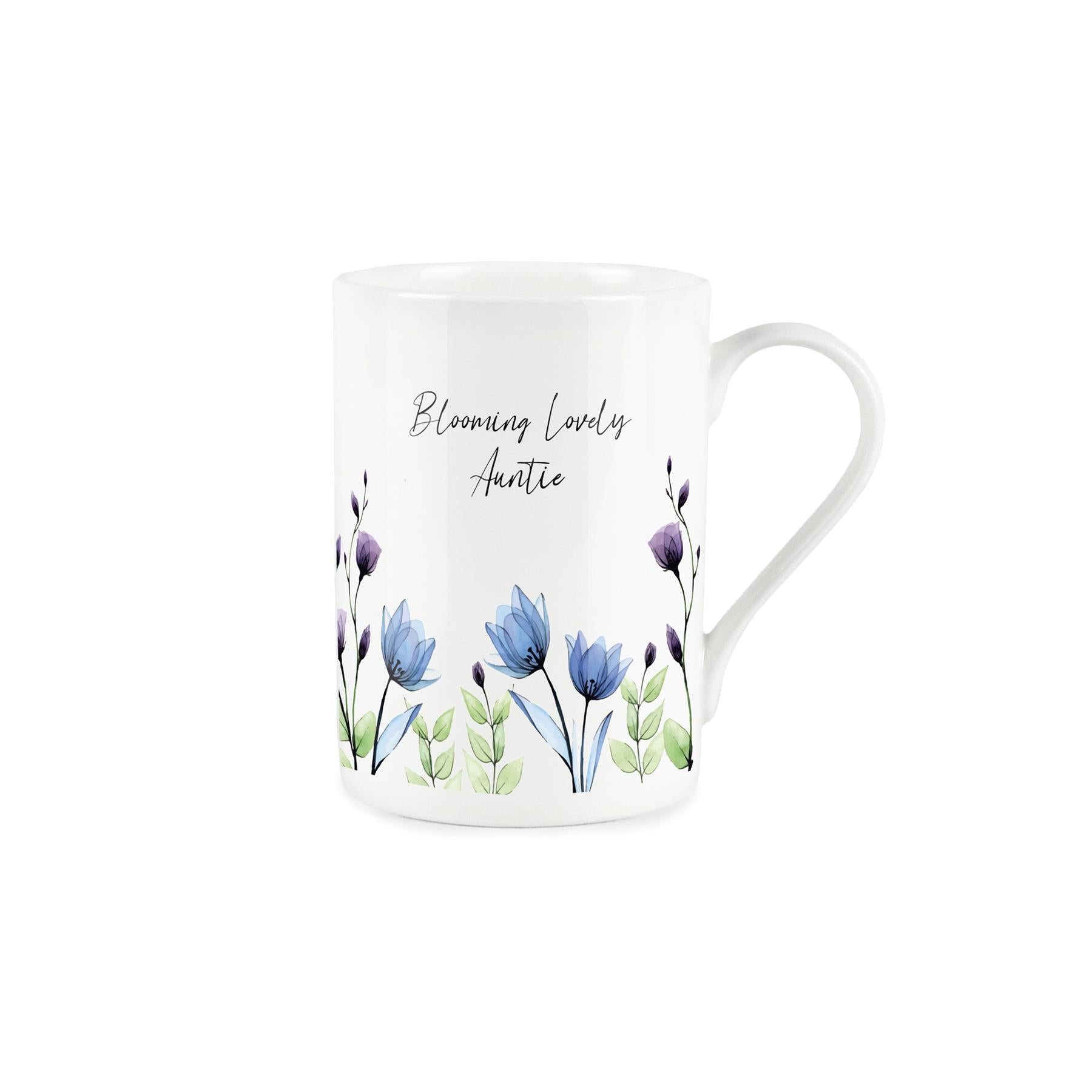 "Blooming Lovely auntie" written in cursive text about delicate painted blue and purple flowers on a white bone china mug