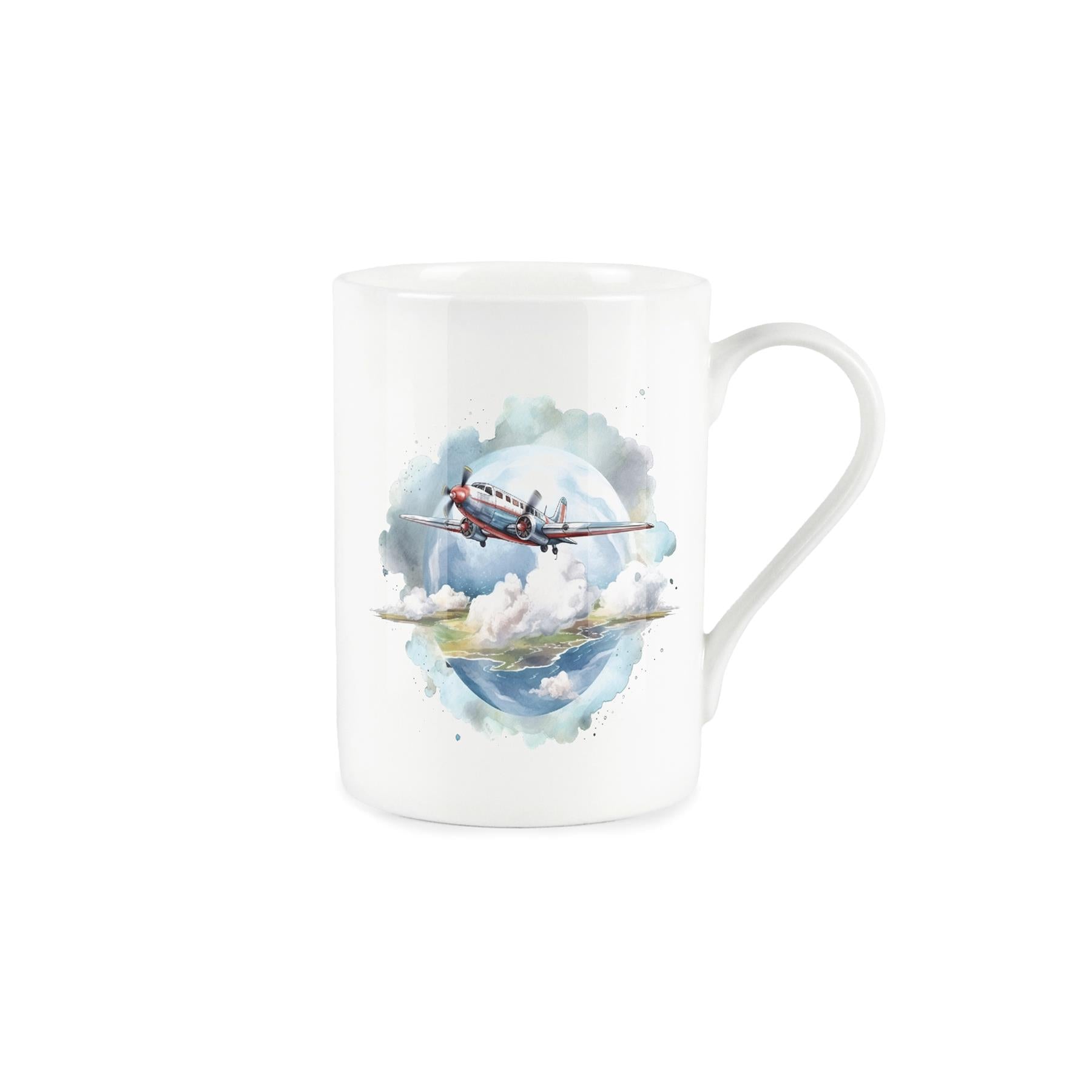 White bone china mug featuring watercolour depiction of retro passenger jet