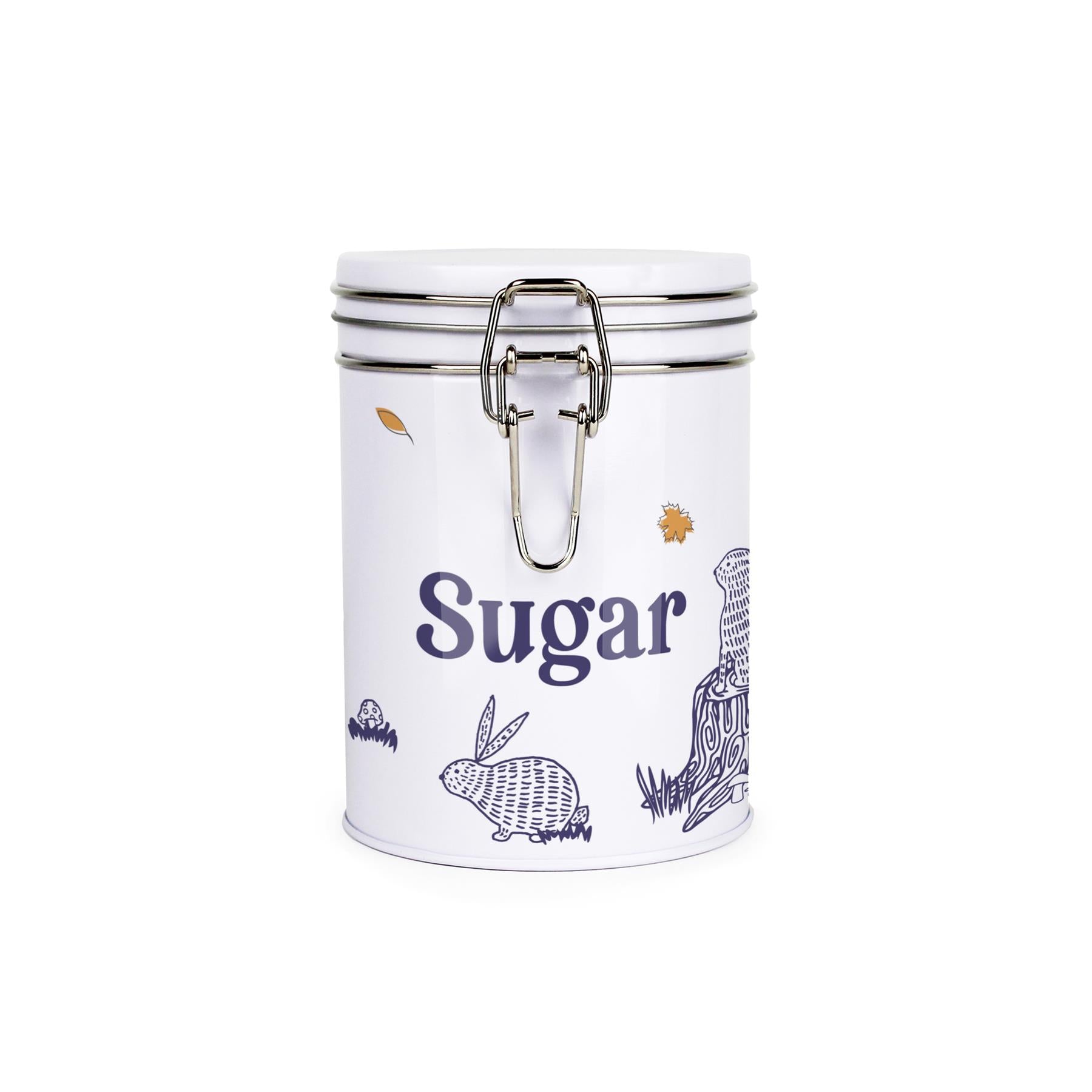 White metal canister with metal clip and lid featuring a simplistic woodland rabbits print with matte blue text detailing saying sugar