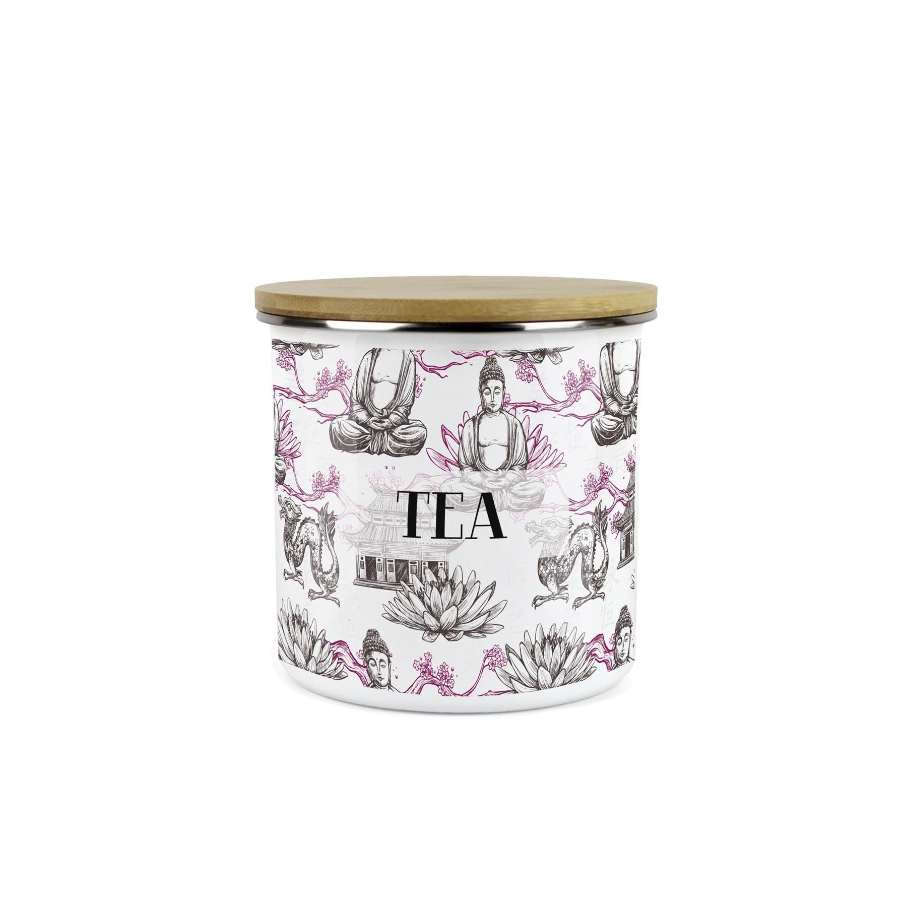 Tea Storage Canister - Oriental Scene Enamel Kitchen Storage Jar