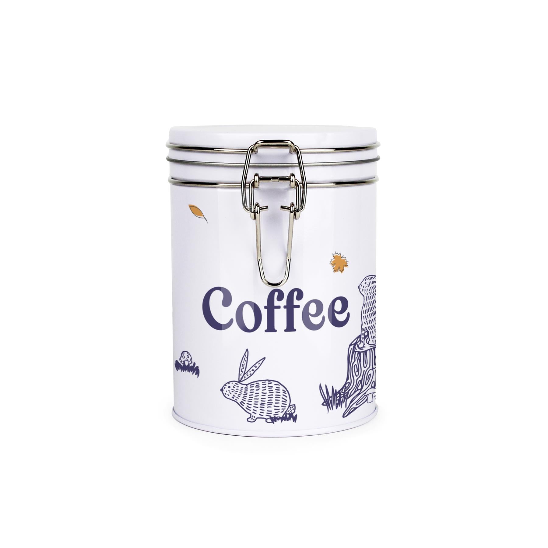 White metal canister with metal clip and lid featuring a simplistic woodland rabbits print with matte blue text detailing saying coffee
