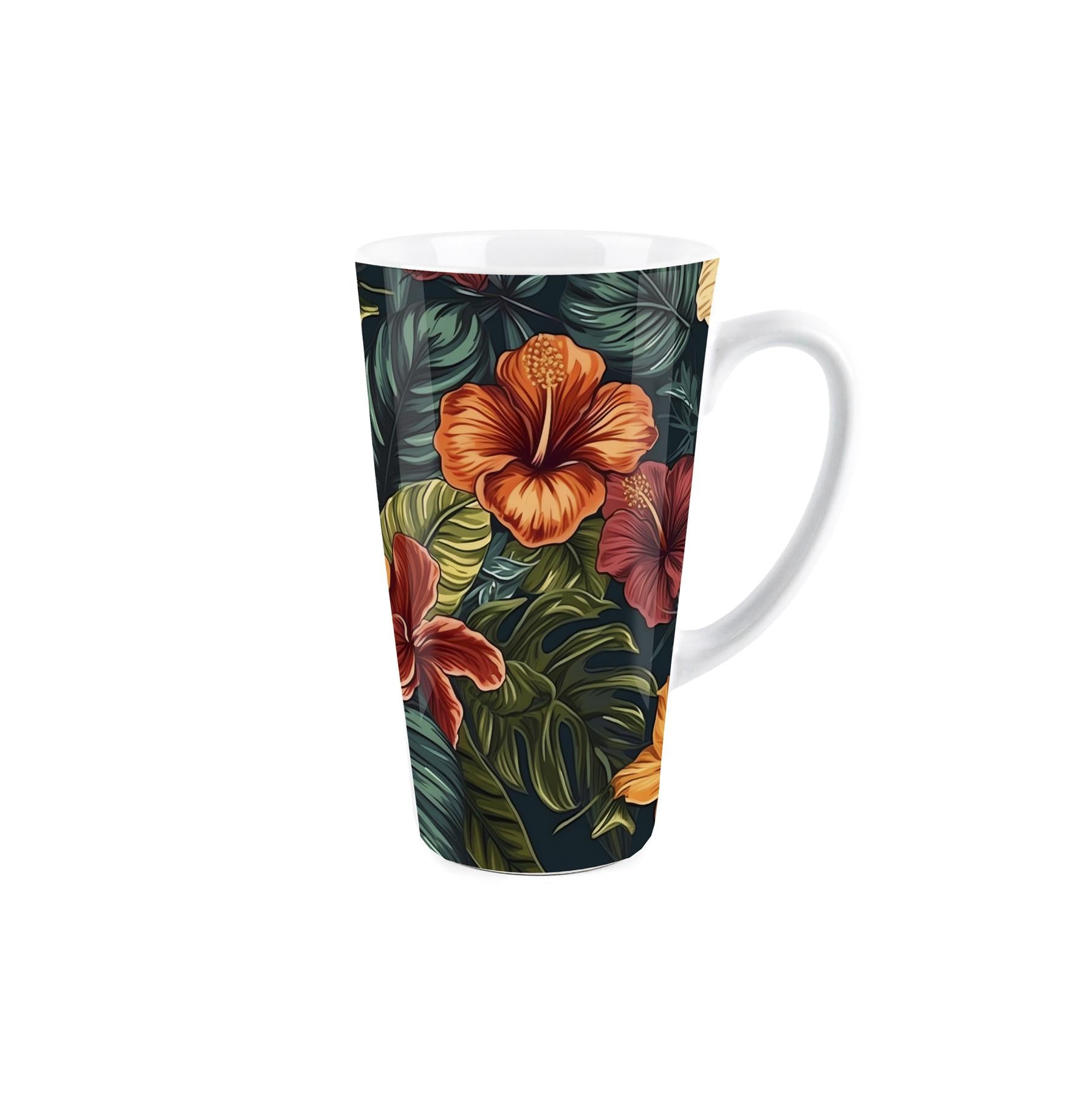 Large white latte mug featuring dark hibiscus design