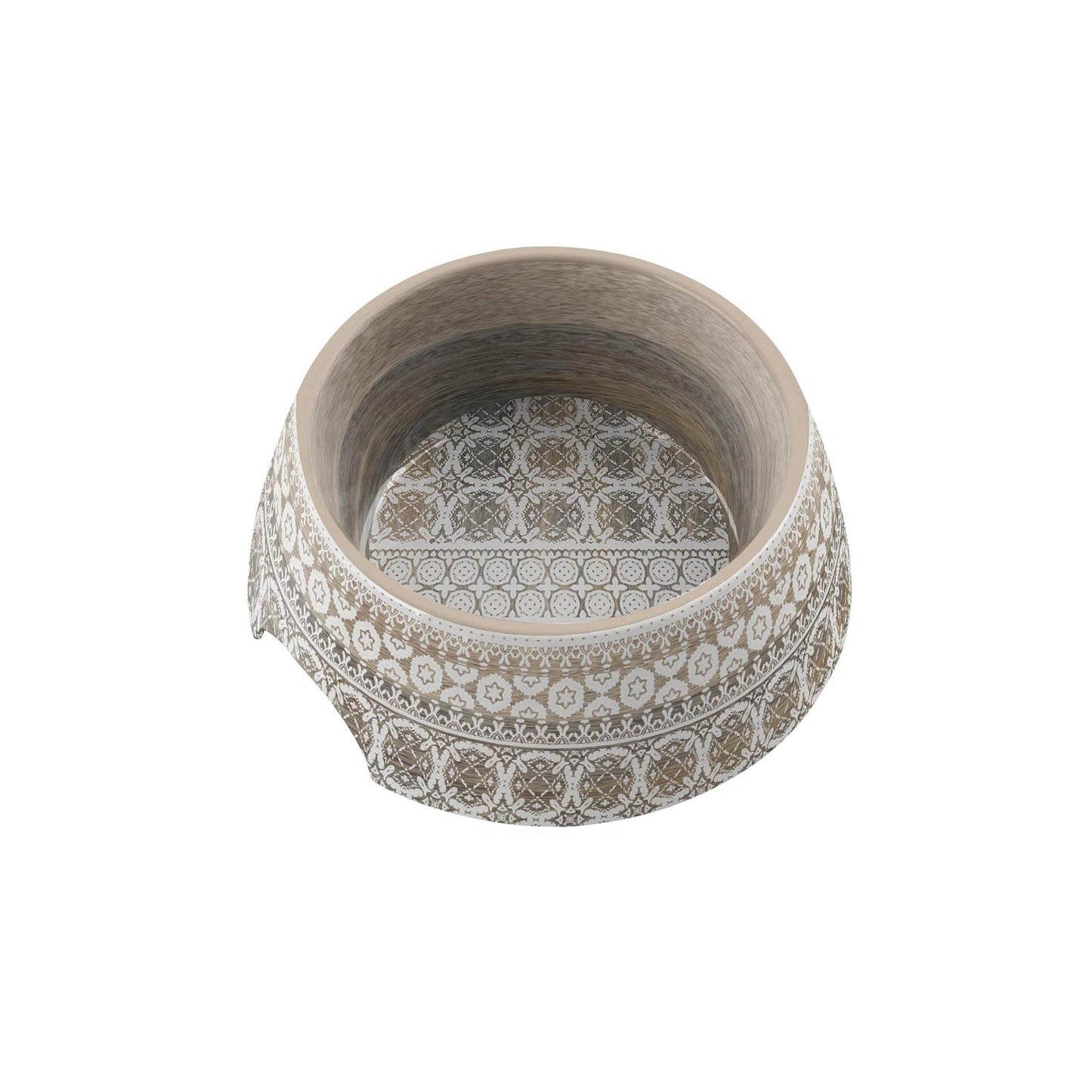 Lightweight melamine Moroccan Wood pet bowl with white Moroccan print on wooden-effect background.